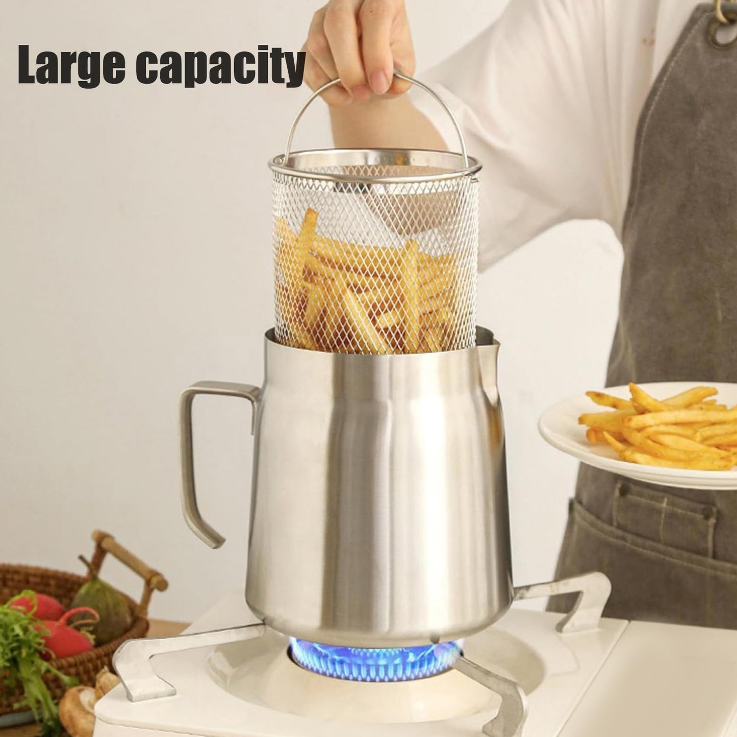 Olla Coladora de Aceite con Cesta y Tapa de Acero Inoxidable 304 2L para Cocina