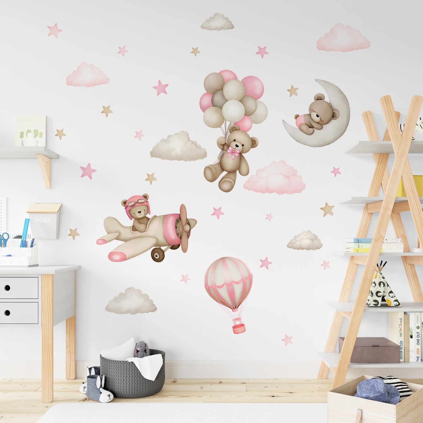 Calcomanías de pared de oso de peluche, diseño de oso de dibujos animados, globos de aire, estrella, luna, decoración de pared para habitación de niños, niñas y niños, habitación de bebé, decoración