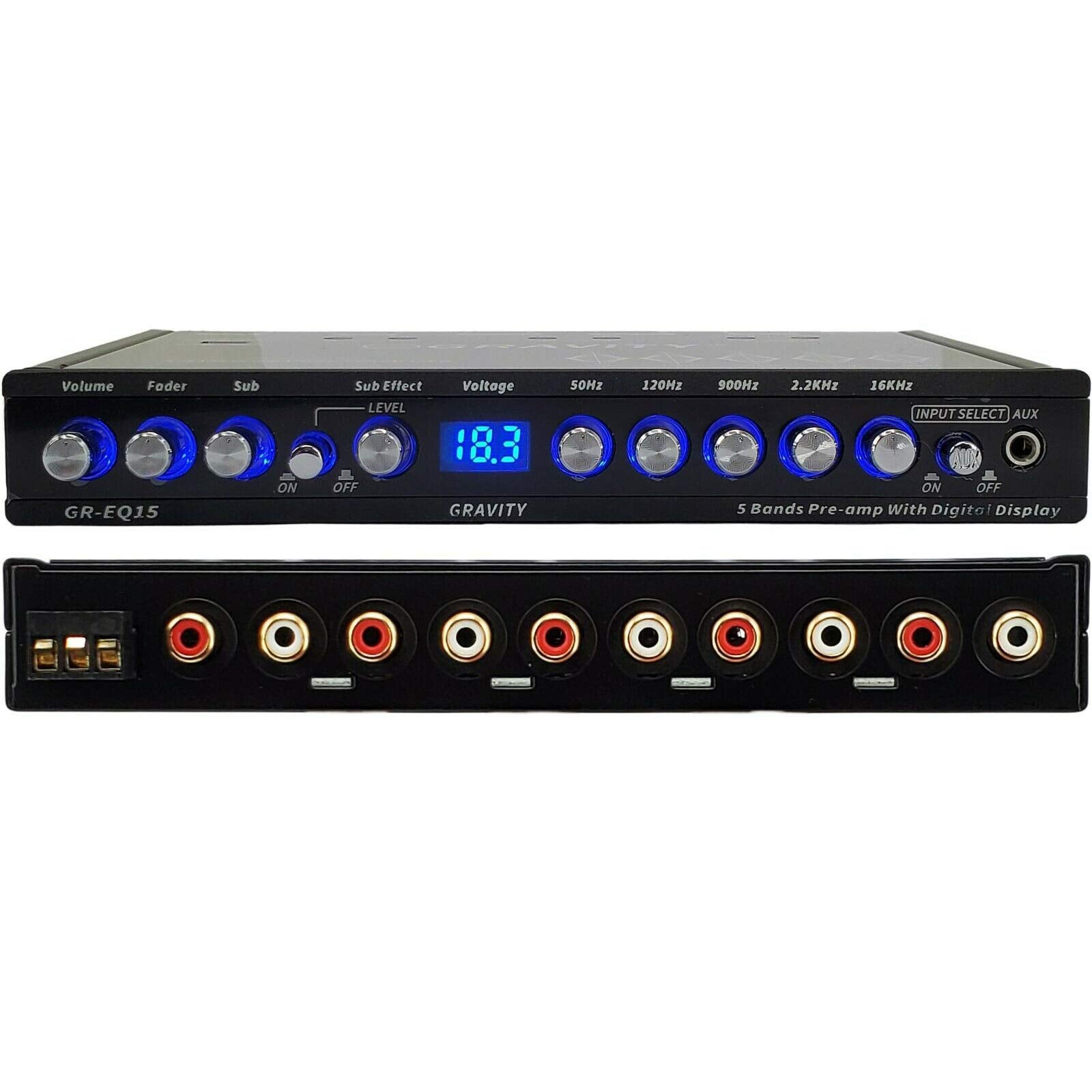 Gravity EQ15 1/2 DIN Cinco bandas de ecualización de audio para coche EQ frontal, control de volumen trasero + maestro con hasta 9 voltios RMS de salida/tres salidas RCA estéreo