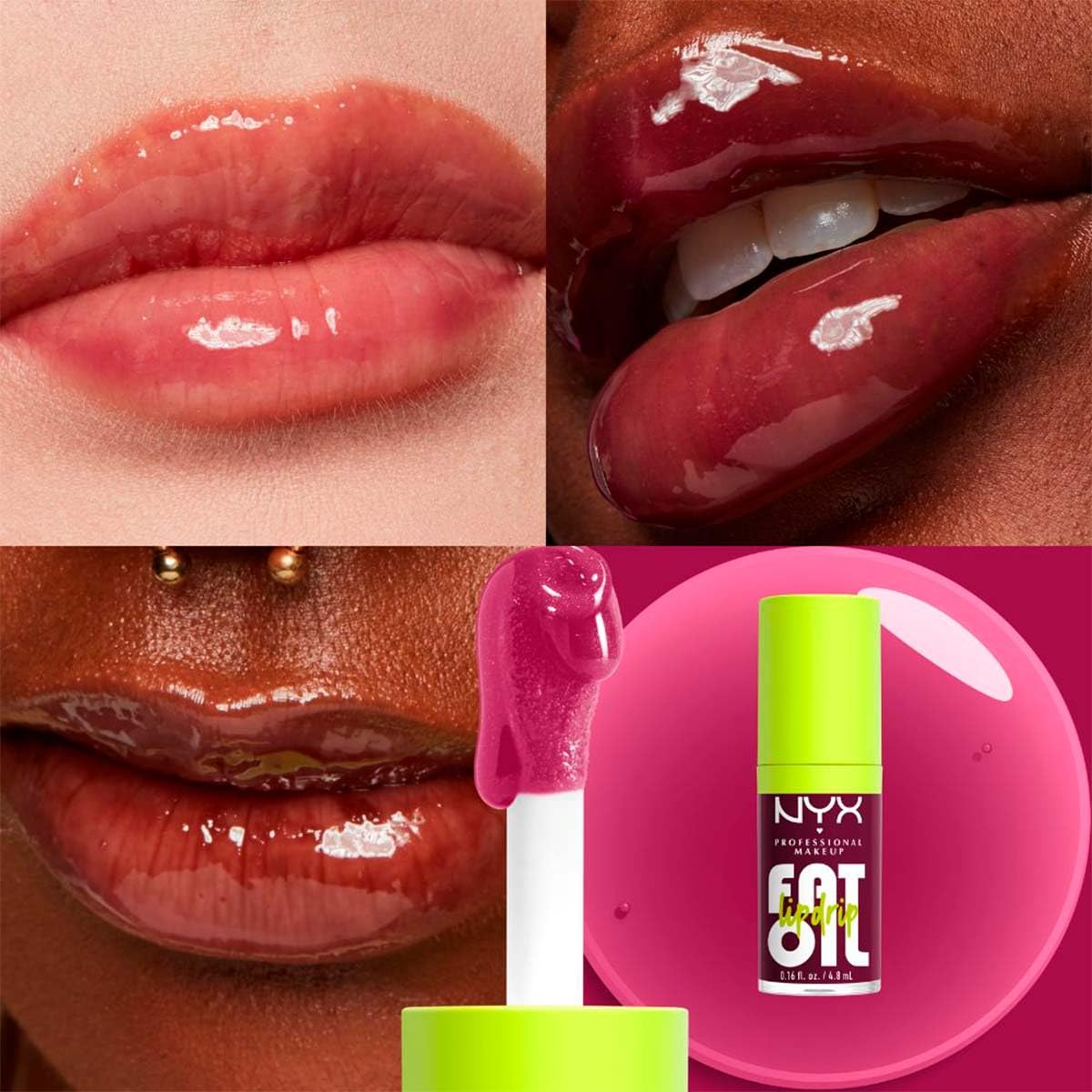 NYX Professional Makeup, Fat Oil Lip Drip Gloss, 4.8ml. Tono: That's Chic. Brillo labial hidratante con efecto jugoso hasta por 12 horas. Infusionado con aceite de aguacate, mora y frambuesa para una sensación no pegajosa. Fórmula vegana.