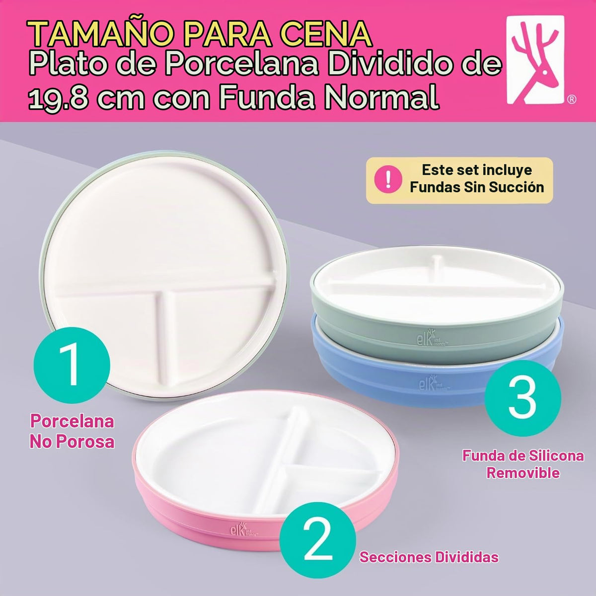 Elk and Friends - Platos blancos de porcelana para niños de 7.8 pulgadas con mangas de silicona, platos divididos, adecuados para niños/niños pequeños, aptos para microondas y lavaplatos,