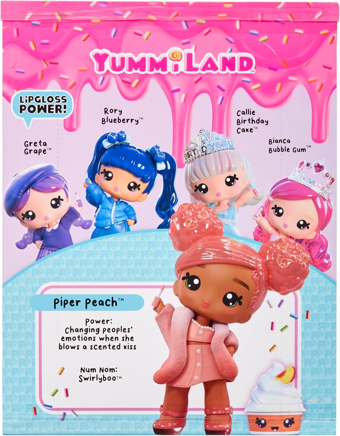 Muñeca Grande Yummiland Piper Peach Swirlyboo perfumada con Kit DIY de Brillo Labial para Niños