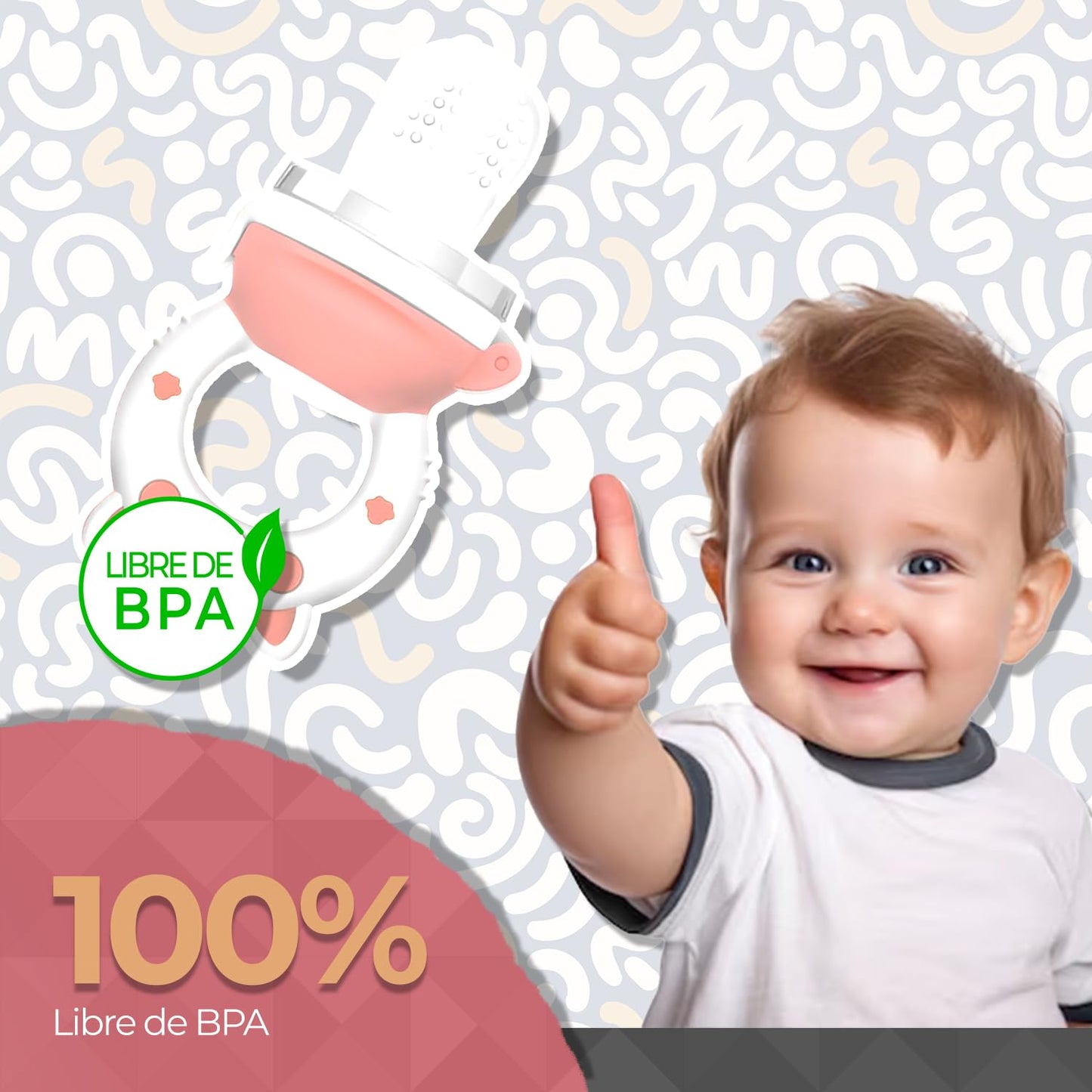 Chupón Para Fruta Y Papilla Sweet Baby Rosa Blanco con Seguro y Tapa dibujos animados, Libre de BPA