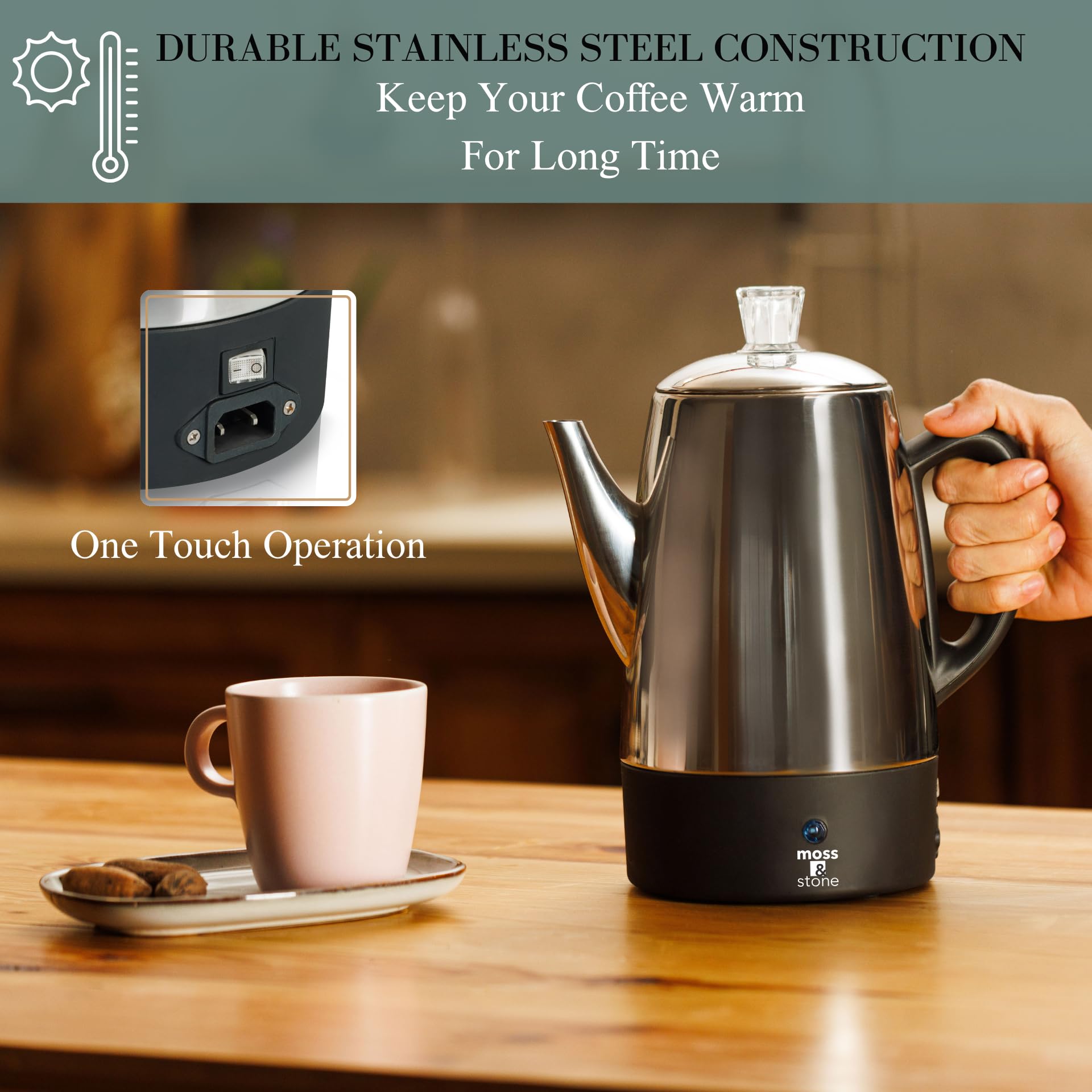 Cafetera eléctrica Moss & Stone de acero inoxidable para 10 tazas, cafetera eléctrica con función de mantener caliente, cafetera eléctrica de acero inoxidable para 10 tazas con cesta para café
