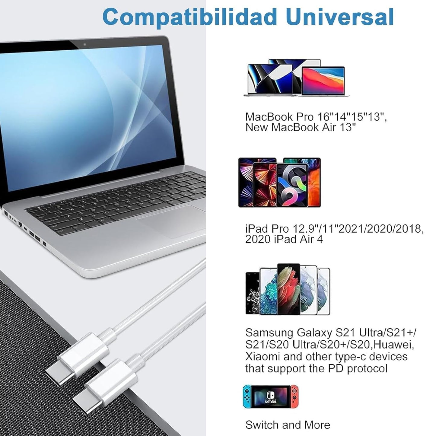Cable USB C MORNWELL 100W Negro con Carga Rápida PD 20V 5A para iPhone, Samsung, Macbook, iPad, Google, Huawei