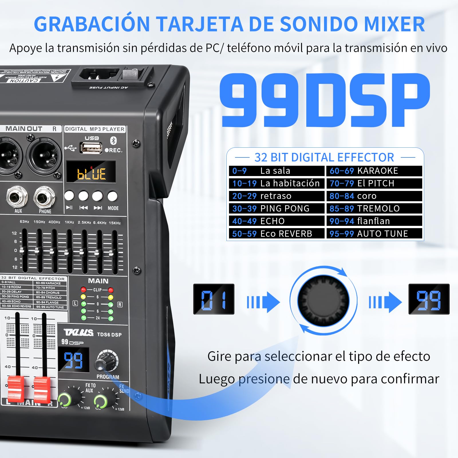 Mezclador de Audio Profesional TKLBLS Mezcla 6 Canales USB DSP Estéreo Phantom Power 48 V