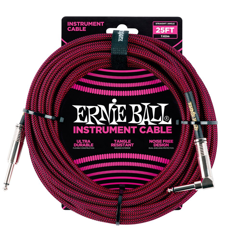 Cable Trenzado para Instrumentos Ernie Ball negro rojo 7,6 m Recto Acodado