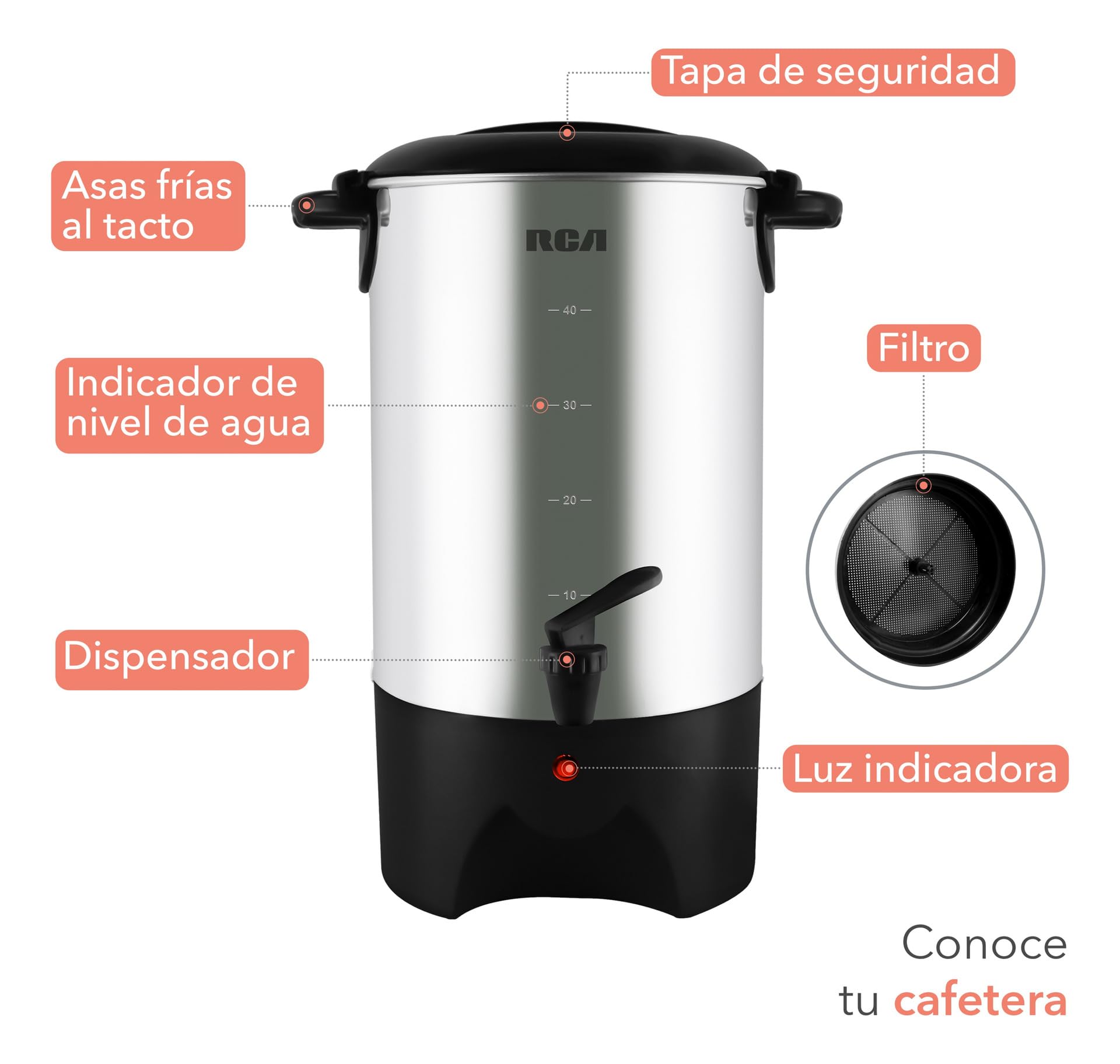 Cafetera RCA Acero Inoxidable 40 Tazas con Tapa con Bloqueo y Sistema Antigoteo para Hogar u Oficina