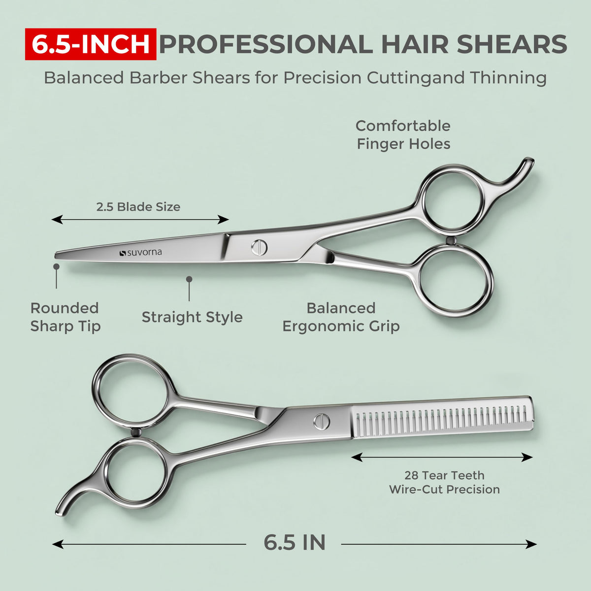 Suvorna Juego de tijeras para cortar y adelgazar el cabello de 6,5 pulgadas para peluqueros y uso doméstico: juego de tijeras de cabello extremadamente afiladas para adelgazar y cortar.