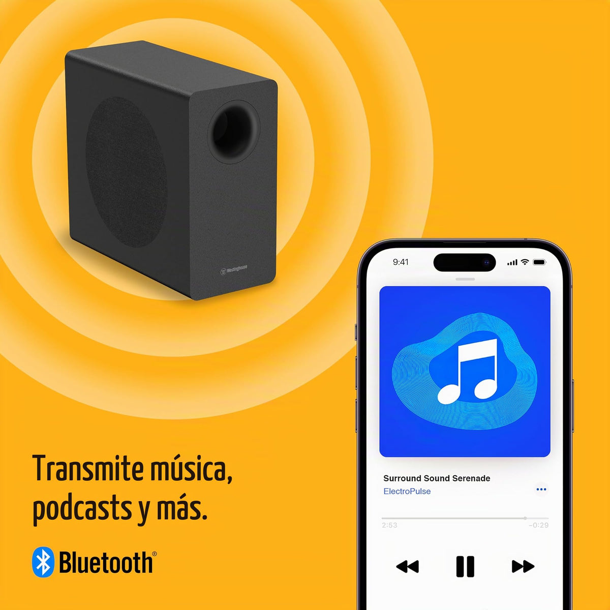 Barra de Sonido Westinghouse Negra 2.1 Canales con Dolby Atmos y Subwoofer Inalámbrico para Smart TV
