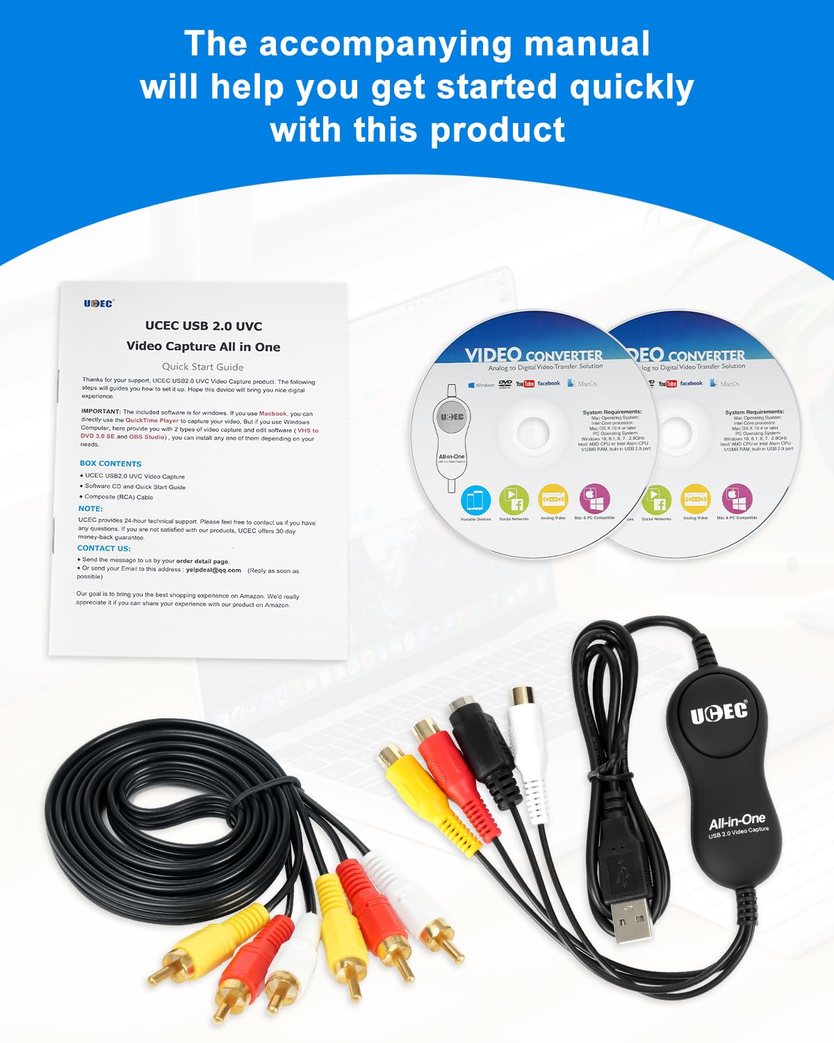 UCEC - Kit convertidor VHS a digital, dispositivo de captura de video RCA a USB 2.0, convertidor de video a digital, dispositivo de tarjeta de captura de video USB 2.0 para Mac OS X PC Windows 7 8 10