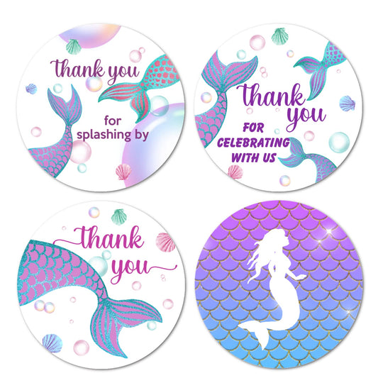 Sirena 40 calcomanías de agradecimiento por celebrar, etiquetas brillantes redondas grandes de 2 pulgadas, tema para baby shower, cumpleaños, boda, despedida de soltera, ideal para recuerdos de fiesta, etiquetas, juegos y suministros. Fabricado en Estados