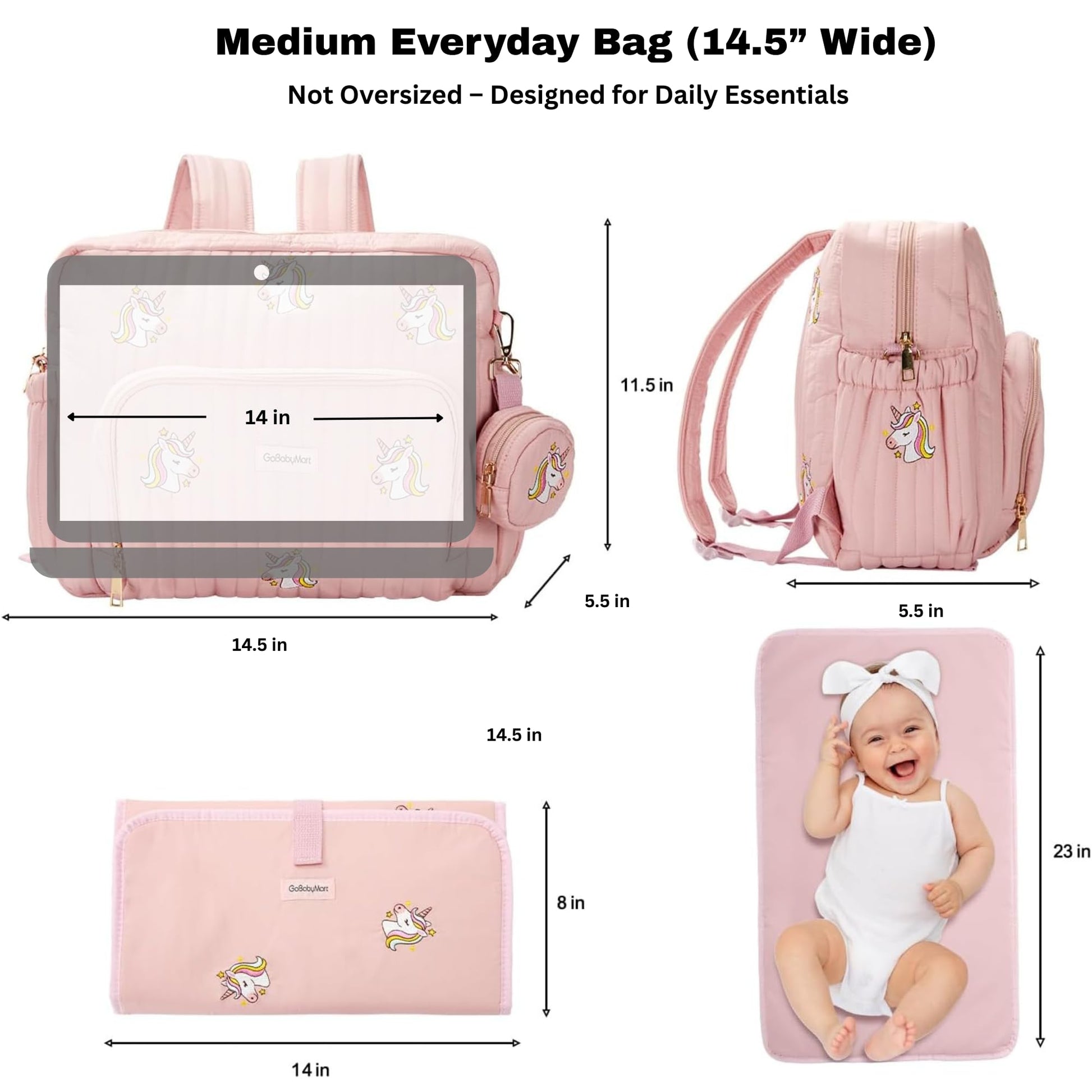 GOBABYMART - Mochila para pañales con cambiador, bolsa de viaje para bebé, bolsillos aislados para botellas, correas para carriola (medianas, unicornios rosas)