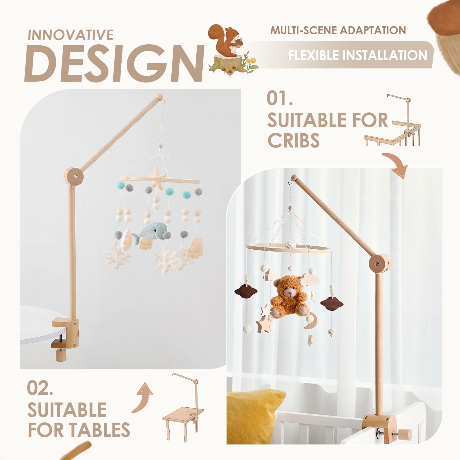 HI BABY MONMENT - Brazo móvil giratorio para bebé, madera de haya natural, soporte móvil para decoración de cuna, perfecto para bebé o niño