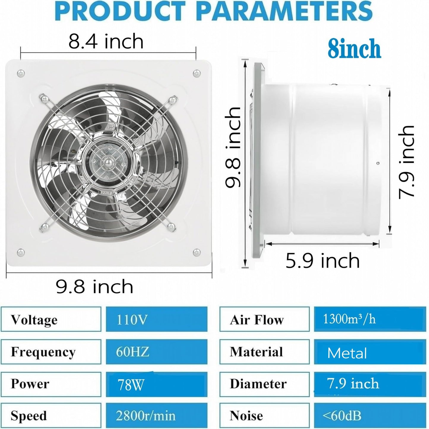 Aydomer - Ventilador de escape de 8 pulgadas montado en la pared, ventilador de ventilación de cochera de 500 CFM, ventilador de extracción de sótano con amortiguador de retroceso para uso comercial