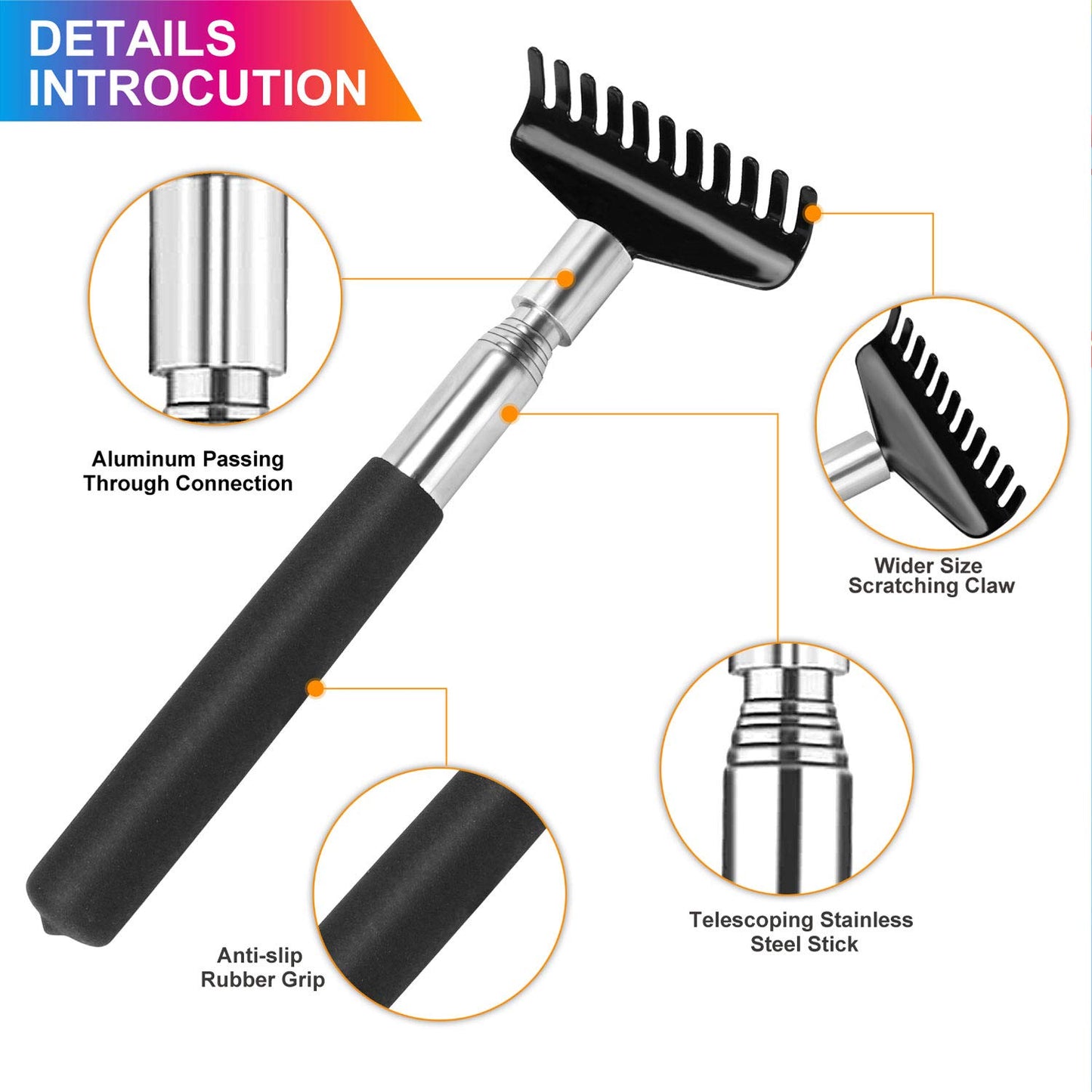 Rascador de Espalda Extensible Portátil de Acero Inoxidable Negro con Bolsa de Lona