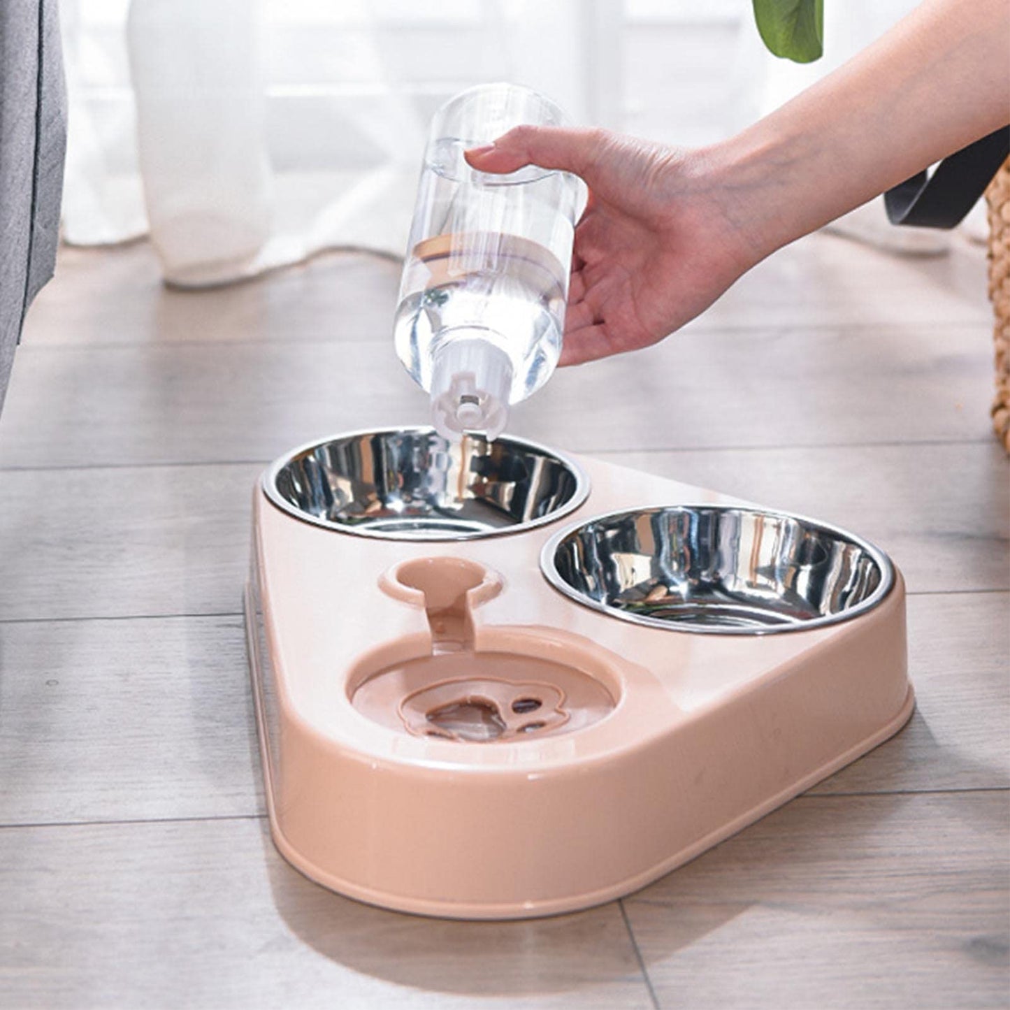 Cuencos Dobles para Perros y Gatos, Juego de Cuencos para Comida Con Botella de Agua para Mascotas, Cuencos Triples para Evitar Derrames con Botella de Agua Automática para Perros y Gatos(Rosa)