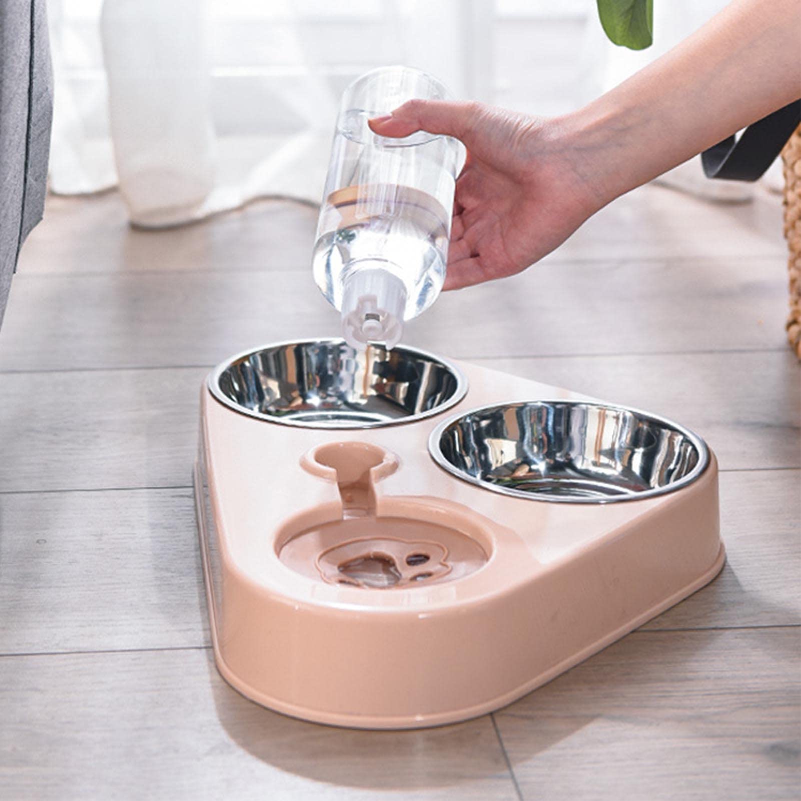 Cuencos Dobles para Perros y Gatos, Juego de Cuencos para Comida Con Botella de Agua para Mascotas, Cuencos Triples para Evitar Derrames con Botella de Agua Automática para Perros y Gatos(Rosa)