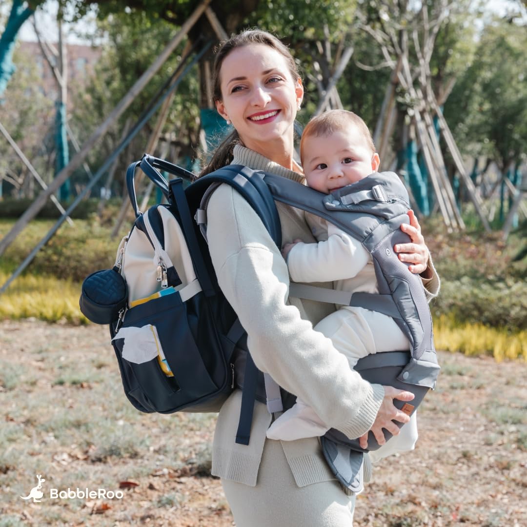 BabbleRoo - Portabebés 6 en 1 con asiento de cadera, ergonómico, acogedor y ajustable, 7-50 libras con soporte para cadera y lumbar, capucha para protección solar, portabebés recién nacido a niño