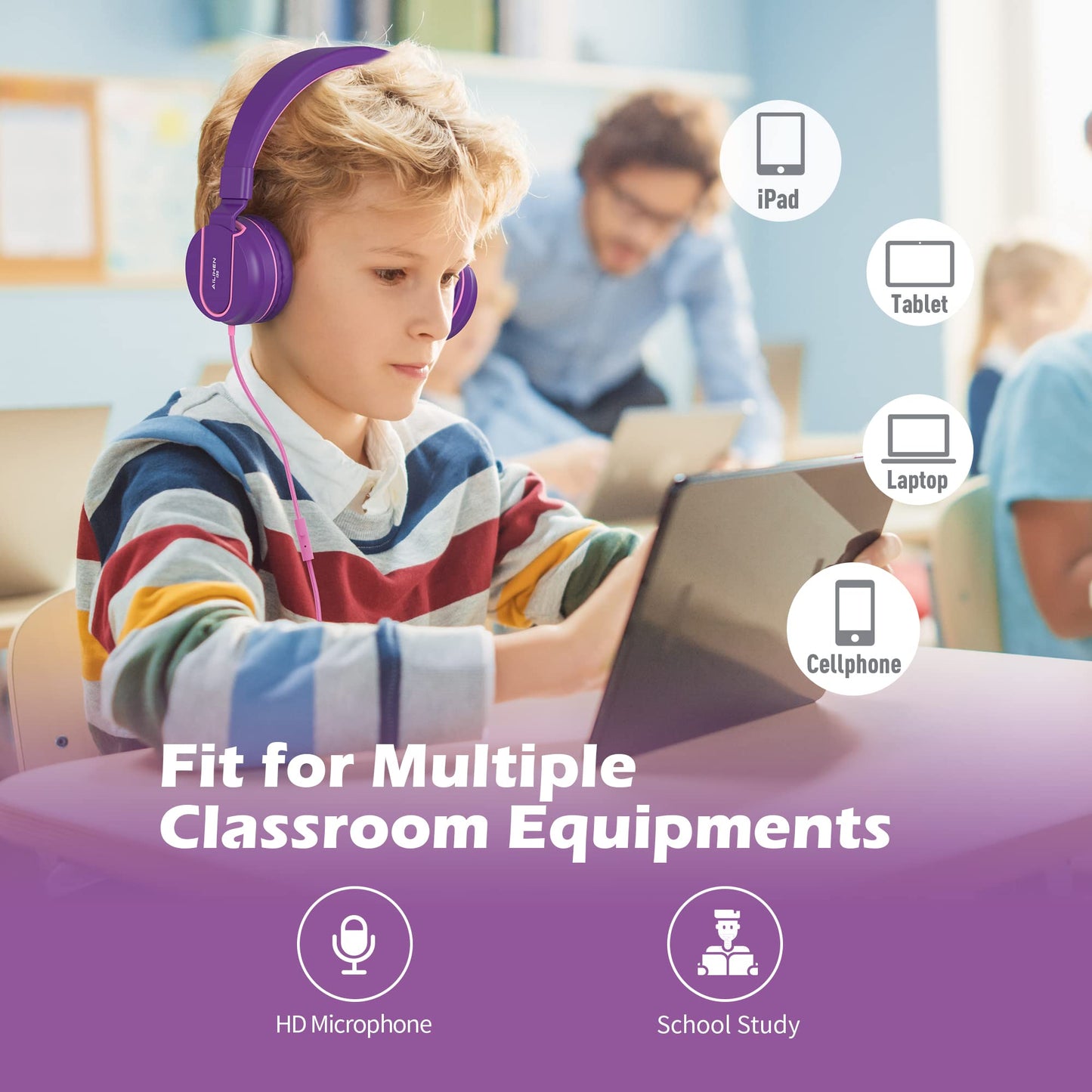 Auriculares Diadema AILIHEN Púrpura Rosa con Micrófono Plegables Ajustables para Niños