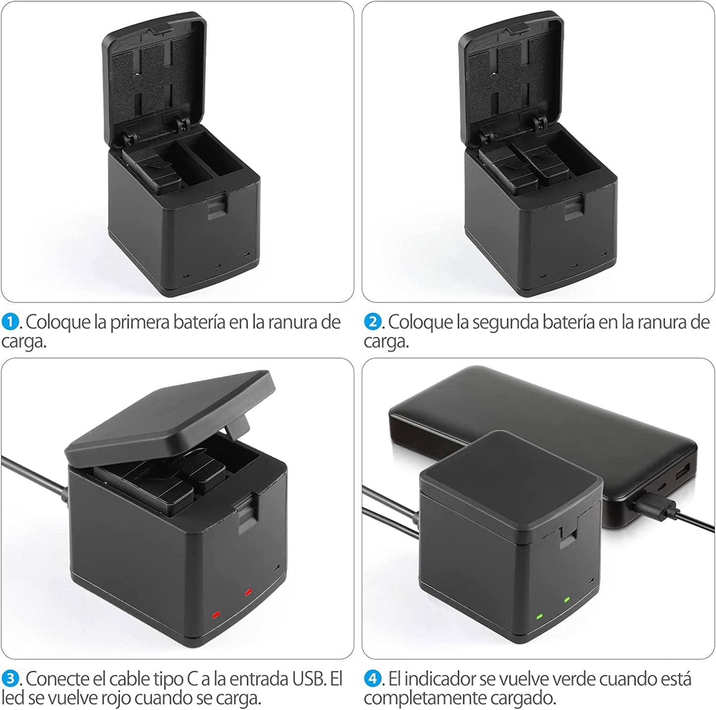 Baterías de Repuesto PHTEGI Hero 8 1220 mAh con Cargador USB LED 3 Canales para GoPro Hero 8/7/6/5 Black