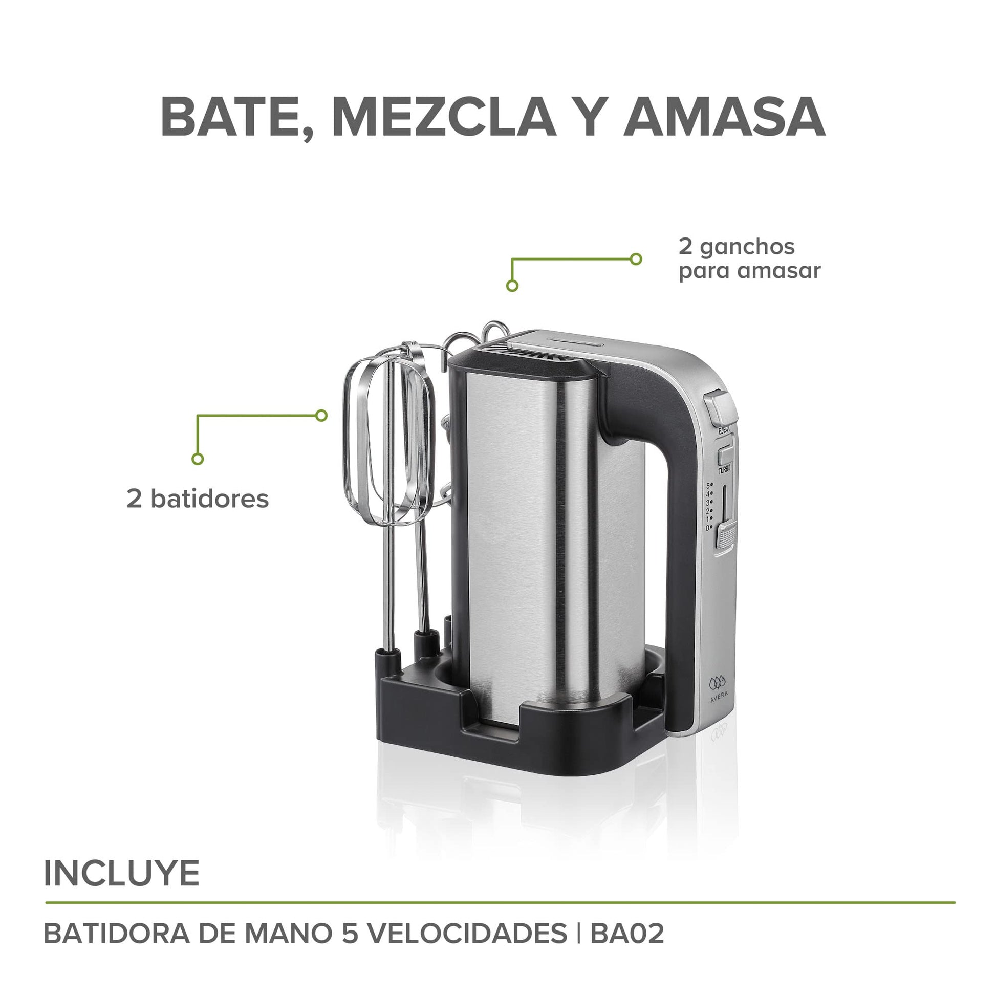 AVERA Batidora de Mano de 5 Velocidades (Incluye 2 Batidores, 2 Ganchos para Amasar y Base) | Batidora, Batidoras, Batidor, Batidor Electrico de Mano | Acero Inoxidable, BA02