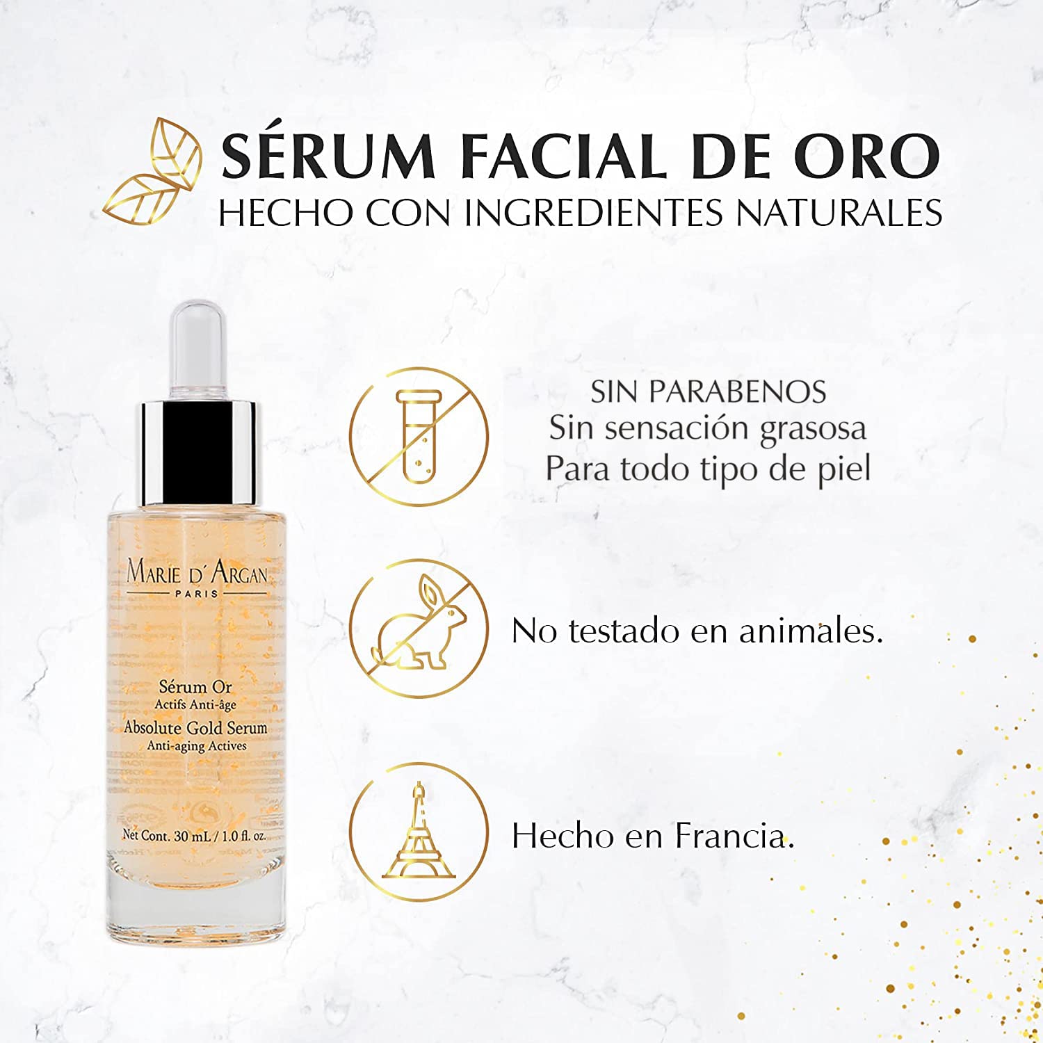 Sérum Oro Marie d'Argan, con Oro de 24K y Ácido Hialurónico, Antiedad, Antiarrugas, Hidratante, Tonifica, Todo Tipo de Piel