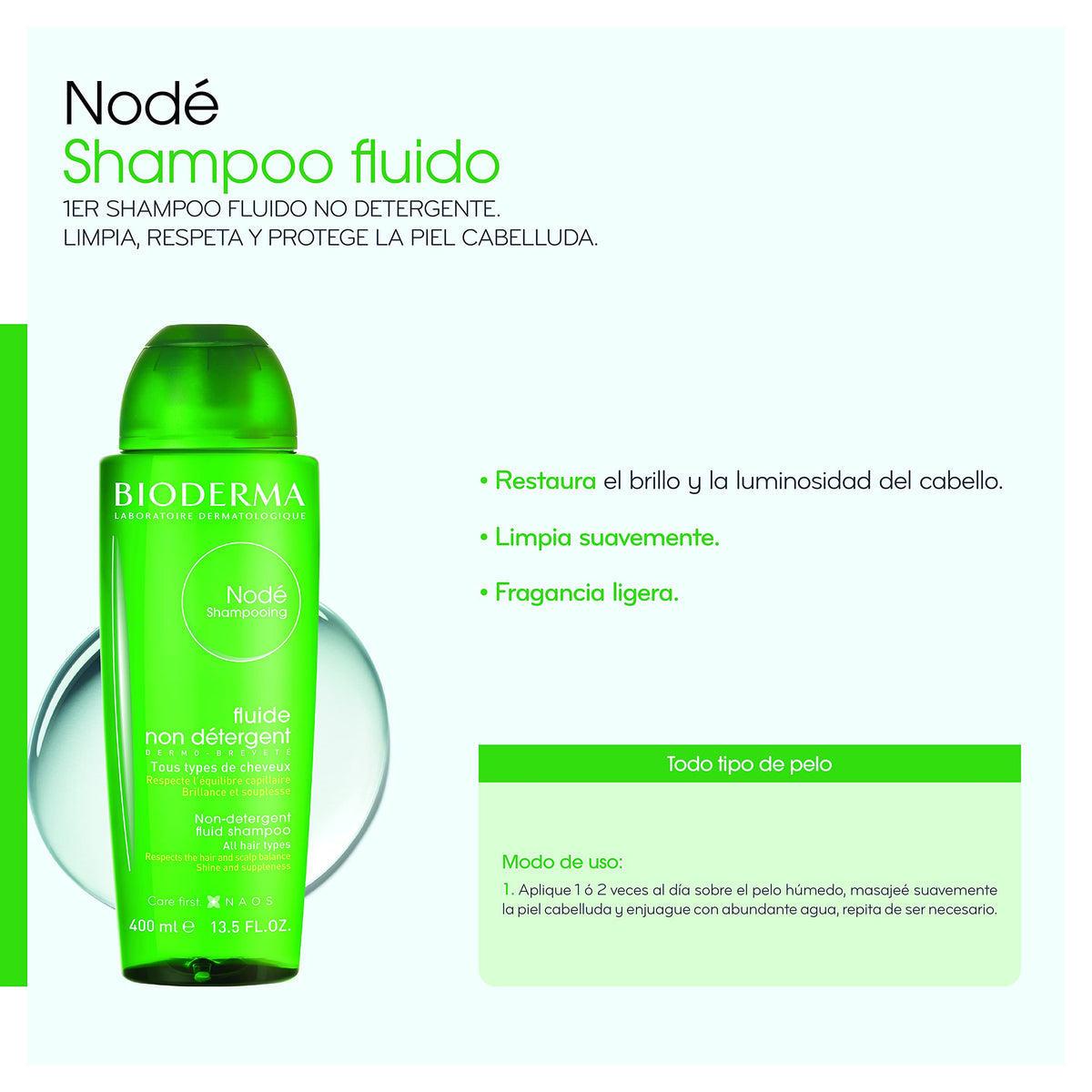 Bioderma Shampoo Nodé Sin Detergente para Todo Tipo de Cabello. Unisex. 400 ml