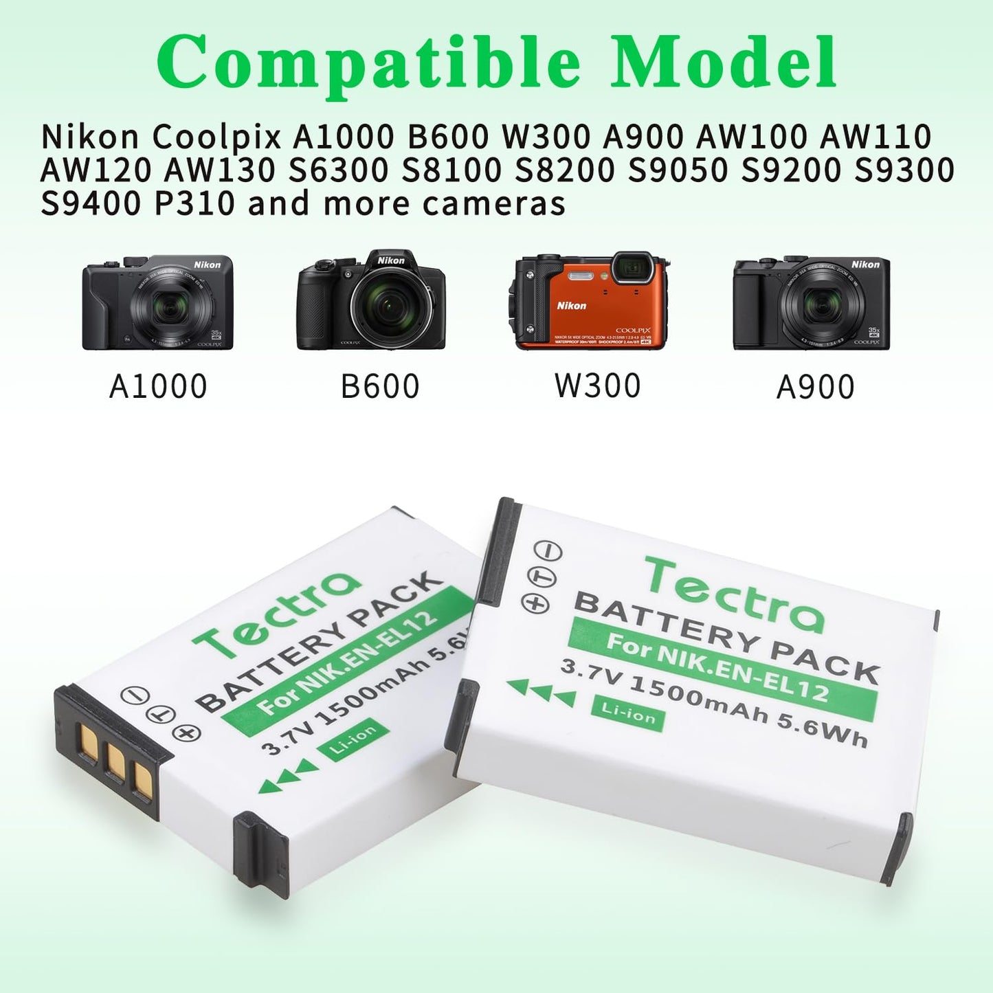 Batería y Cargador Tectra Nikon EN-EL12 Compatibles para AW100 AW110 AW120 AW130 A1000 B600 W300 A900 S6300 S8100 S8200 S9050 S9400 S9700 S9900 P310