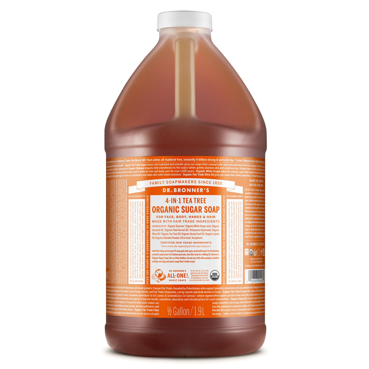 Dr. Bronner's | Jabón líquido de azúcar orgánico, elaborado con aceites vegetales, Shikakai y azúcar, usos 4 en 1: manos, cuerpo, rostro y cabello; limpia, hidrata y nutre - Árbol de Té, 1.9 L
