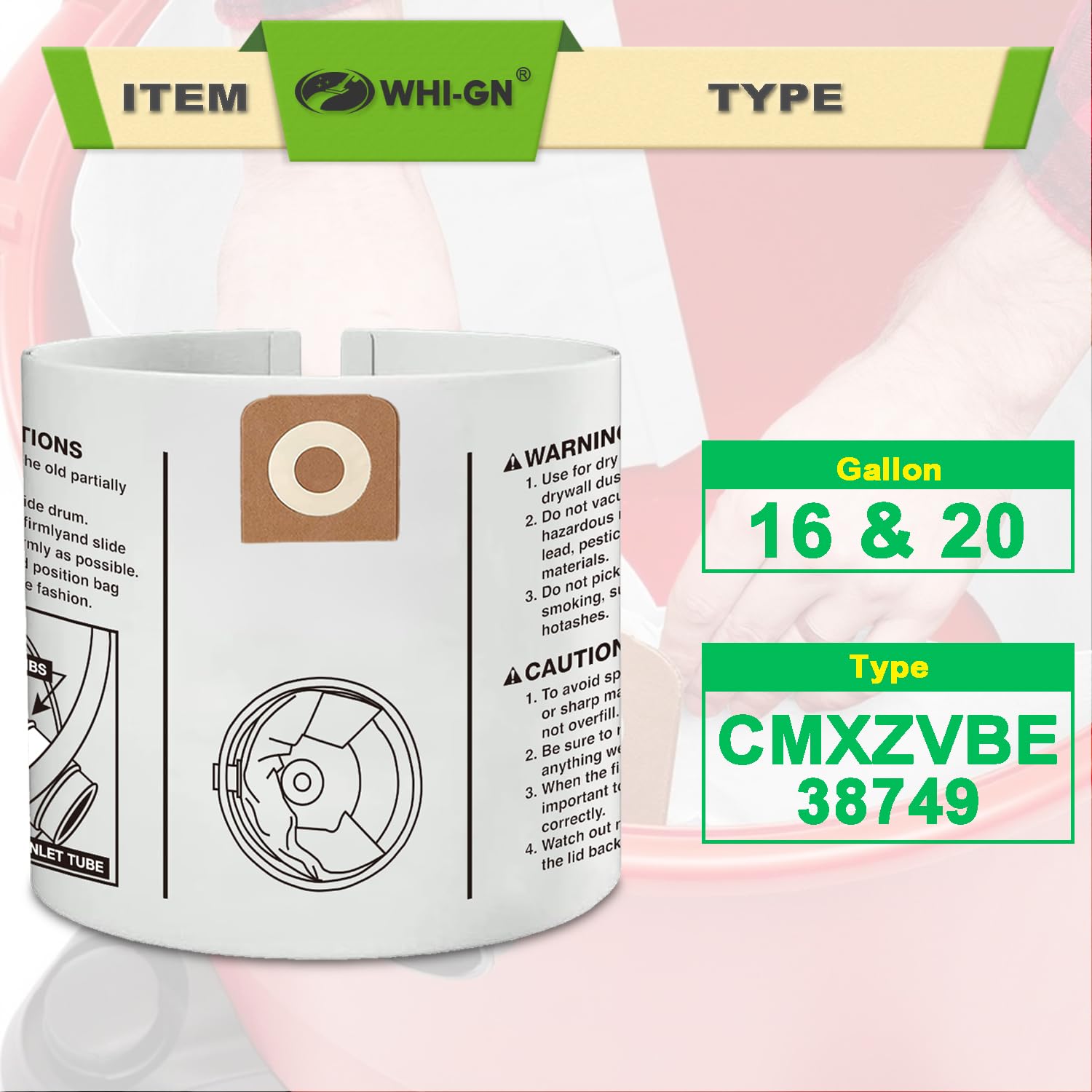 CMXZVBE38749 - Paquete de 12 bolsas de aspiradora de repuesto para manualidades de 16 galones, bolsas de colección de uso general, para modelos de aspiradora en húmedo/seco de Craftsman de 16 y 20