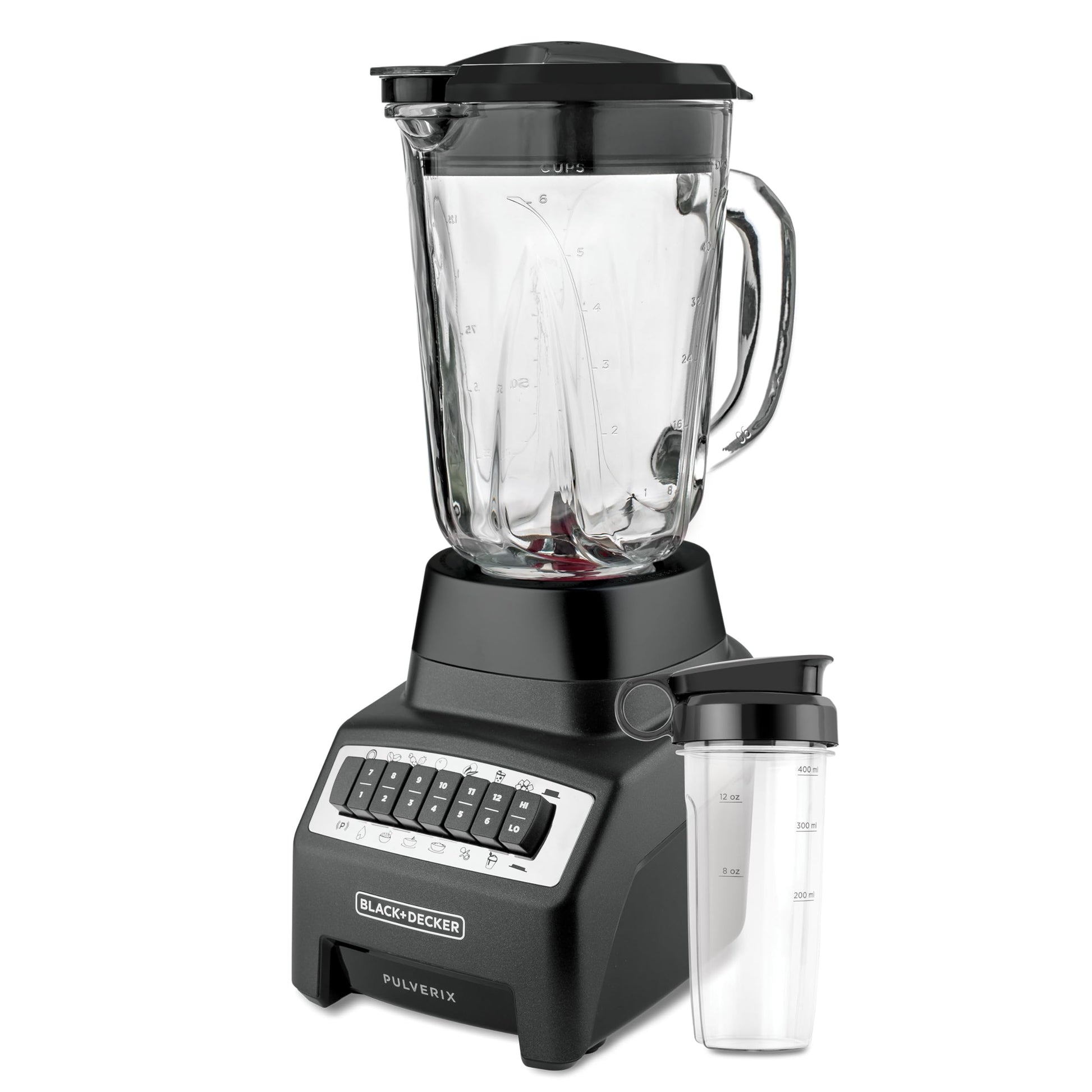 BLACK+DECKER Licuadora Pulverix, 12 Velocidades 6 Cuchillas Poderosas, Incluye Vaso Personal de Tritán de 500ml con Tapa, Jarra de Vidrio 1.5Lts, BL1140MB-MX