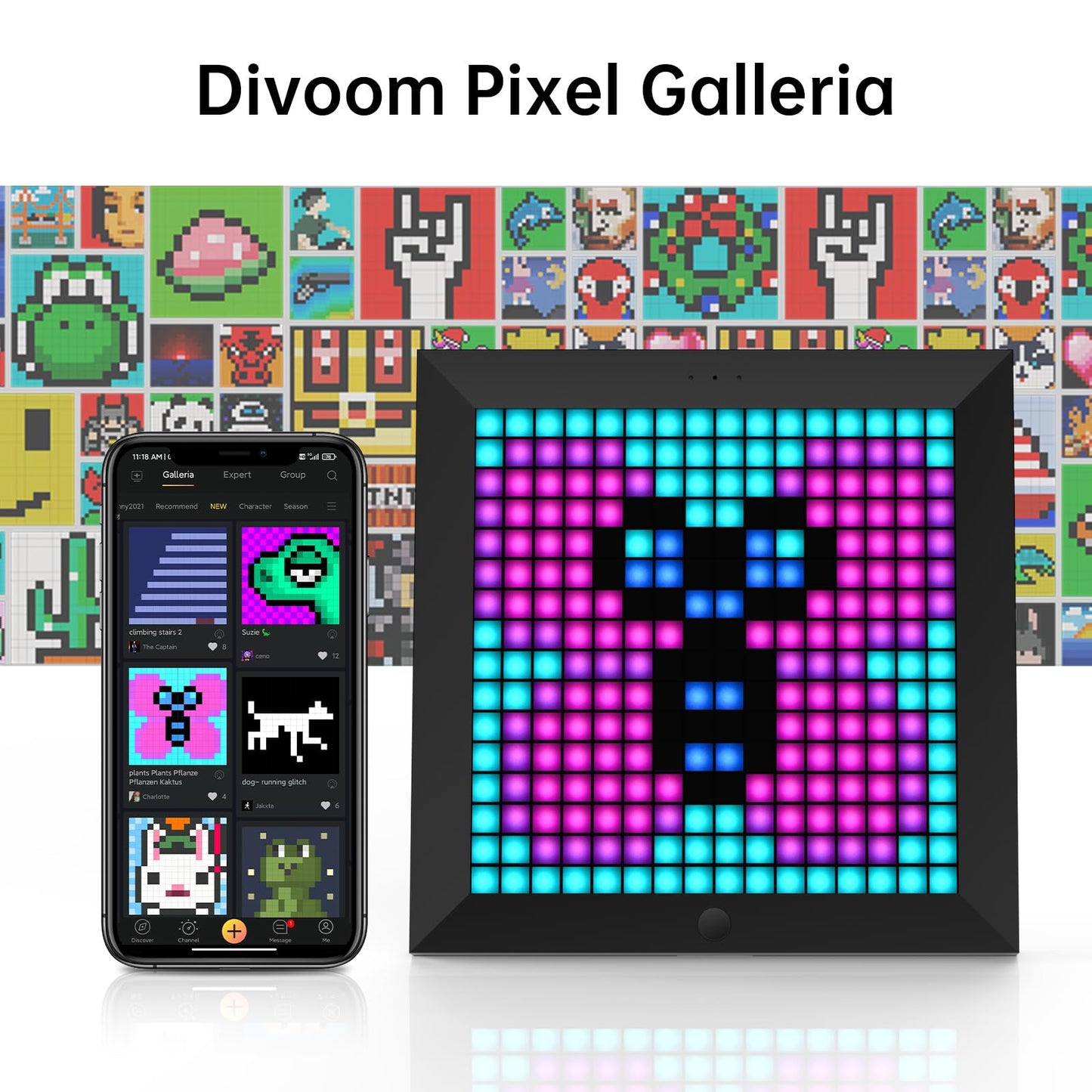 Marco de Fotos Digital Divoom Pixoo 16 x 16 Pulgadas LED Pixel Art con Control de Aplicación