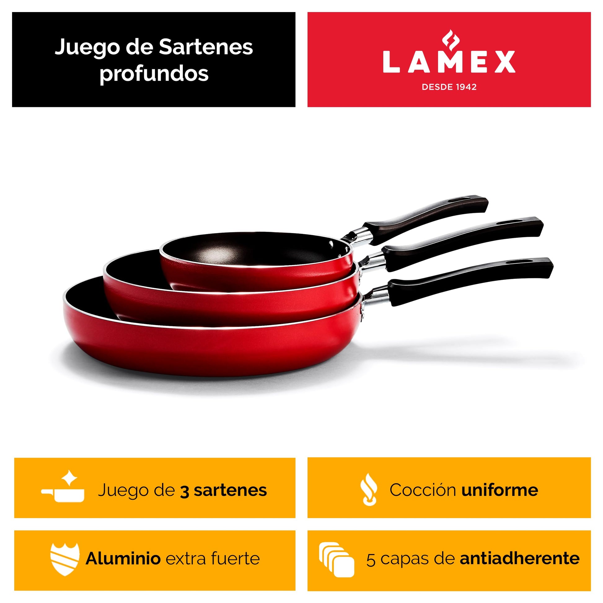 LAMEX | Juego x3 Sartenes Antiadherentes - Profundos | Utensillos de Cocina | Ideal para tu Hogar & Cocina Integral | 18-24-28 cm - Resistencia 3.2 mm de Espesor | Color Rojo