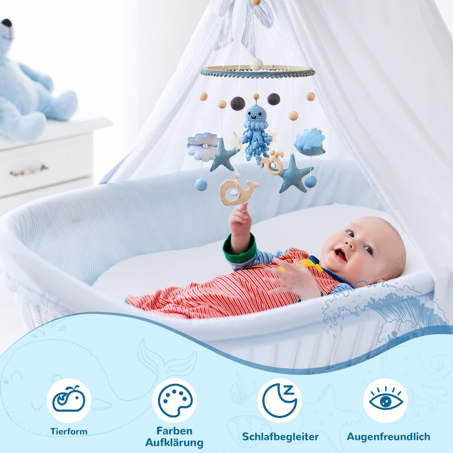 Móvil para cuna de bebé para niñas y niños, con temática oceánica para cuna, fieltro de ganchillo, pulpo, ballena, estrella de mar, guardería móvil para moisés, decoración de guardería
