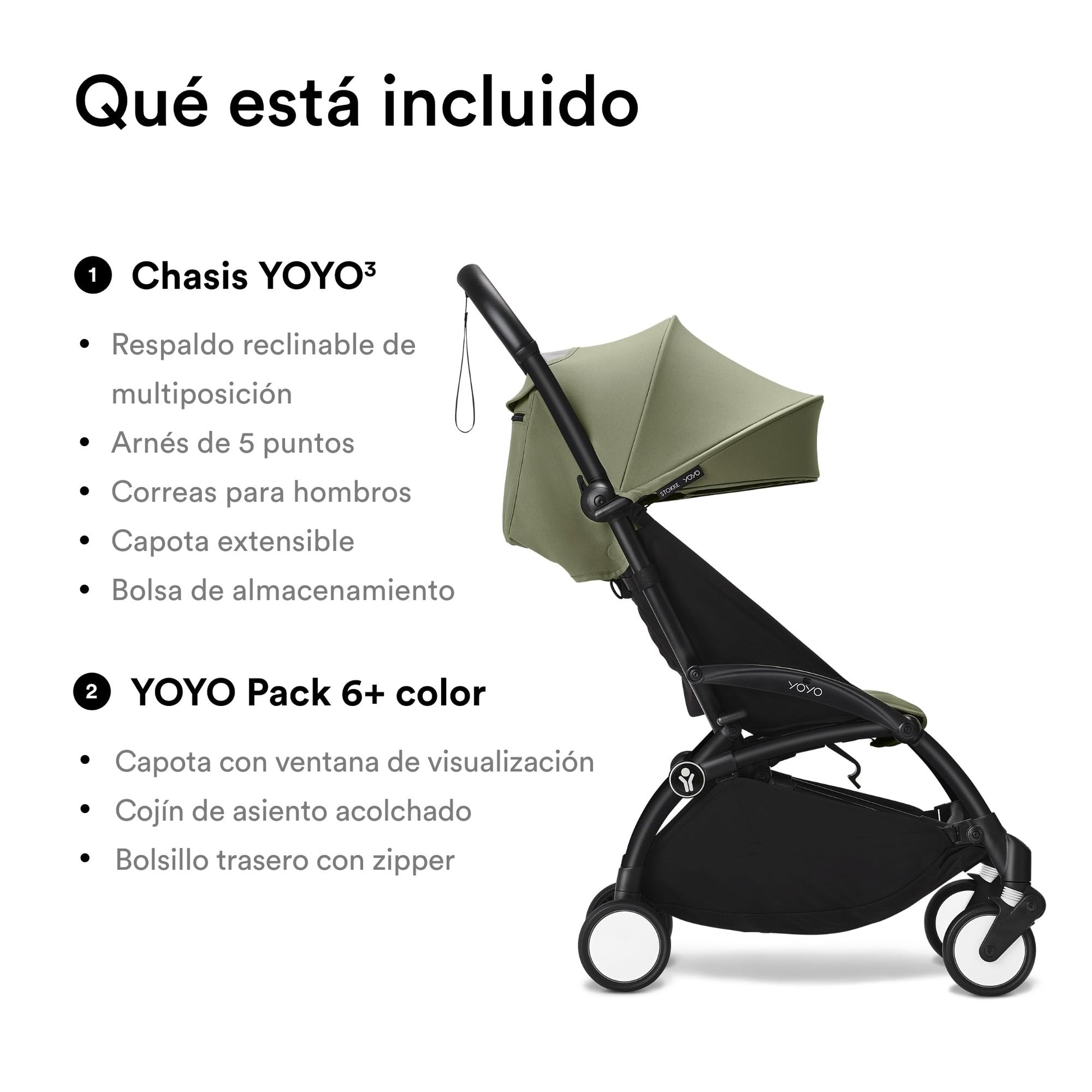 Carriola Stokke YOYO3 a partir de 6 meses - Incluye chasis negro/cojín de asiento Olive + dosel - Se pliega y despliega en un instante - Ligera y compacta - Compatible con equipaje de mano