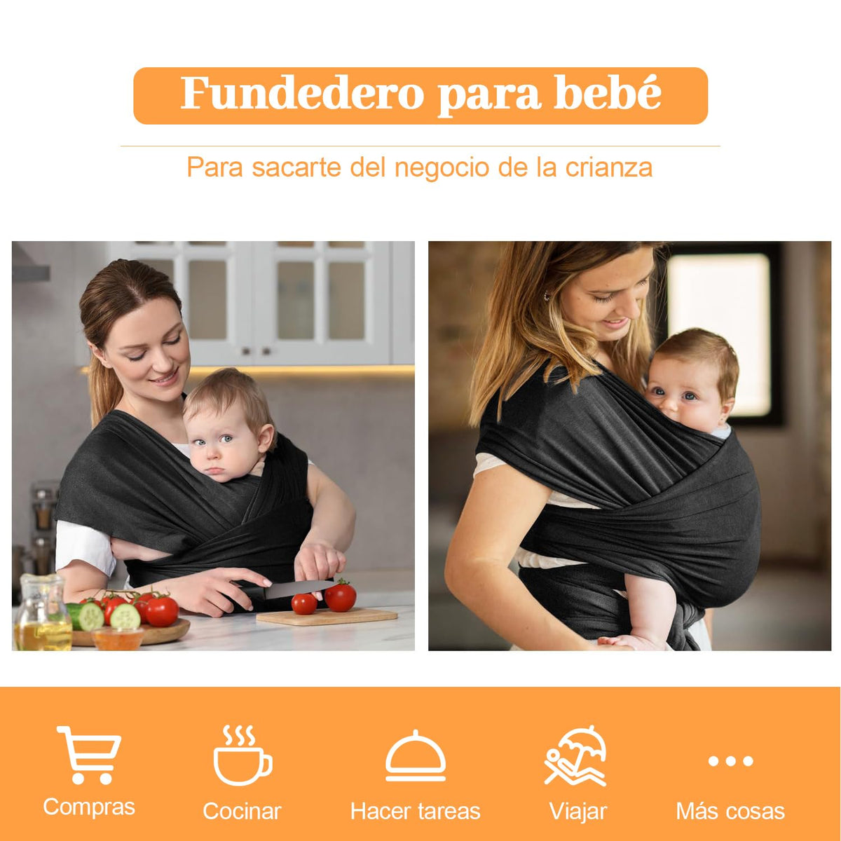Fular Ergonómico para Bebé, Fular portabebés elástico todo en 1, Fular para bebé, Transpirable Fresco, Hasta 10Kg, para mamás y papás, regalo perfecto para viajar(Negro)