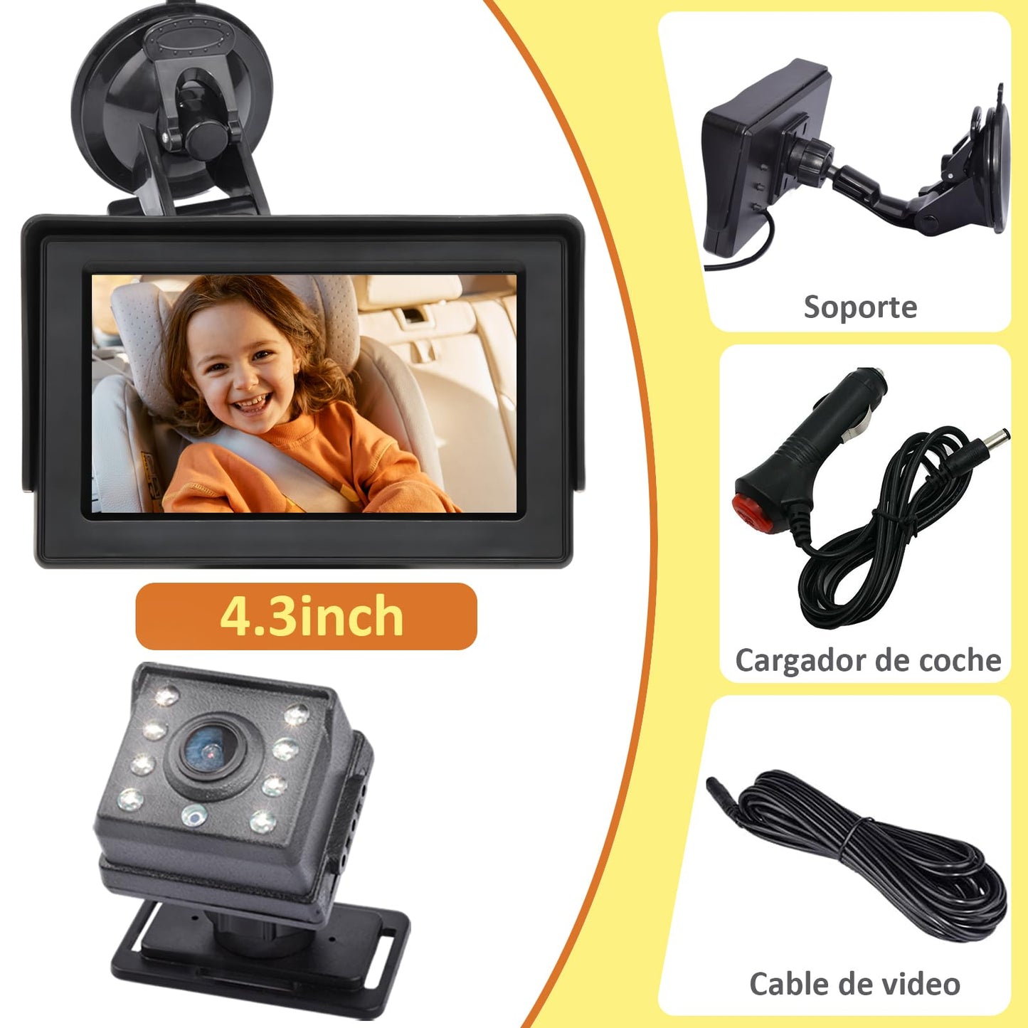 KASIKAI Cámara para Bebé Asiento Trasero HD 1080P, Pantalla 4.3'' Espejo Retrovisor con 8 Leds Visión Nocturna, 150° Ángulo Amplio y 360° Giratorio, Monitor para Carro Bebé, Cámara Coche Infantil