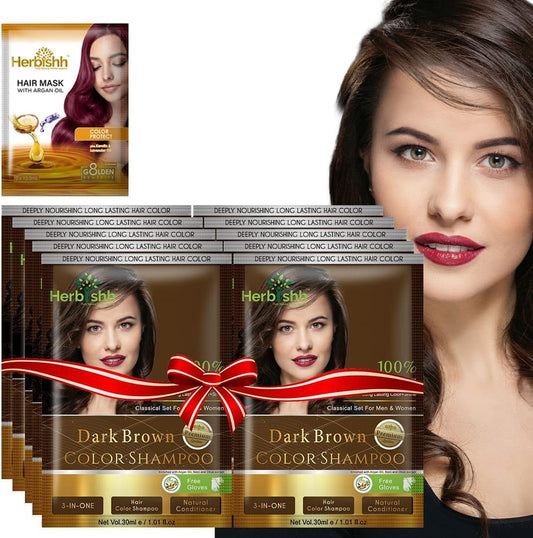 Herbishh Hair Color Shampoo for Gray Hair– Hair Dye Shampoo with Argan Hair Mask–Tamaño de viaje-Tiñe el cabello en minutos–Color de larga duración–10pack+1pack (Dark Brown)