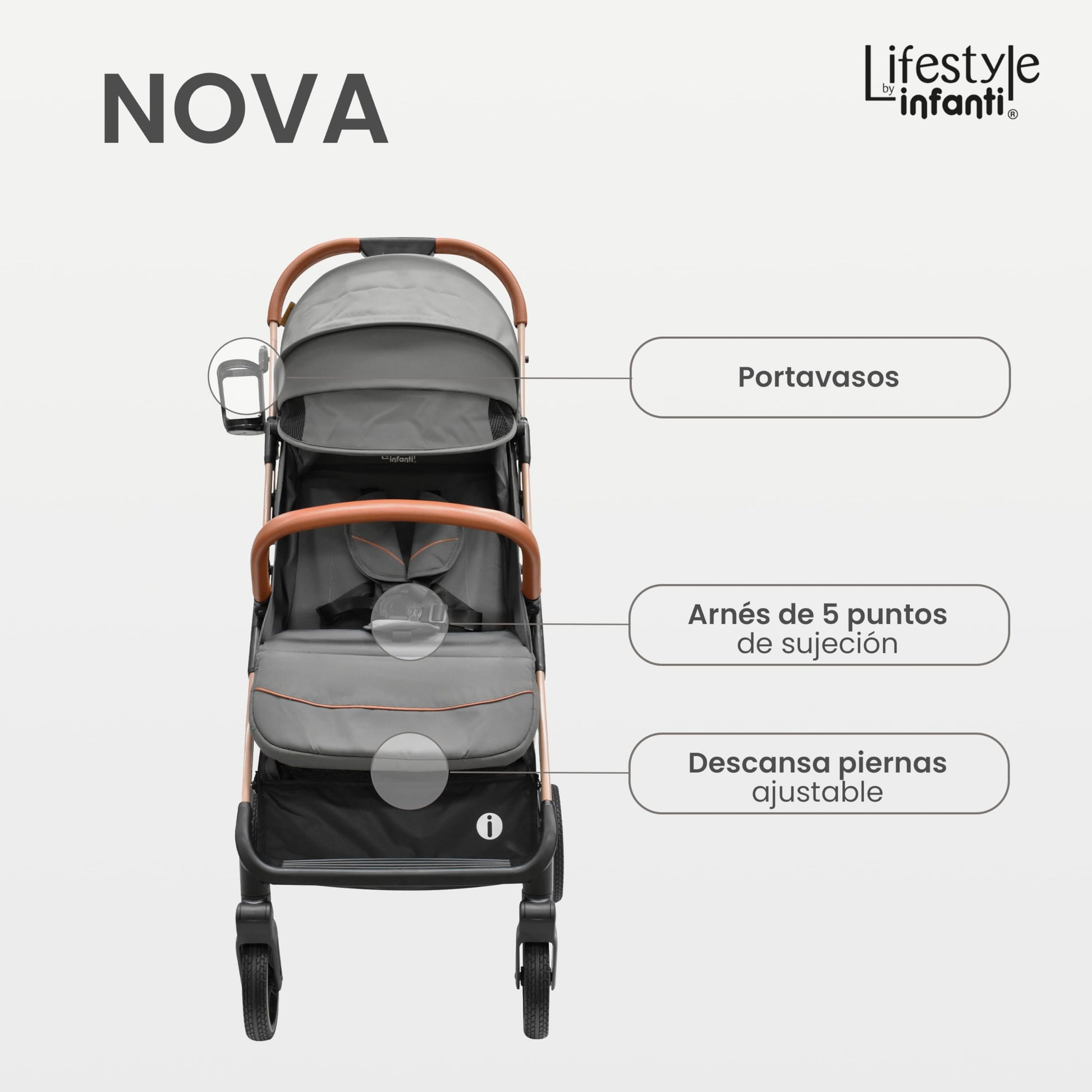 INFANTI | Carriola para Bebe Nova Gris Lifestyle | Carreola Bebé con Plegado Automático y Compacto con Arnés de 5 Puntos - Toldo Completo con Visera y Ventanilla | Reclinación Ajustable y Canastilla