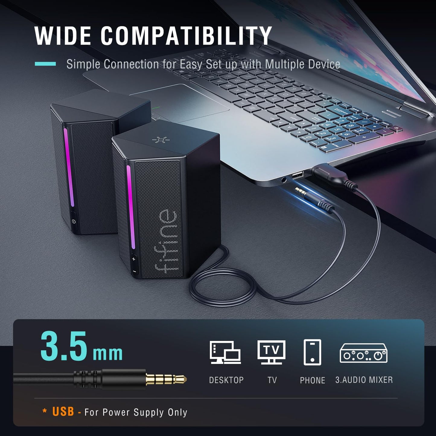 FIFINE - Altavoces de computadora de computadora con control de volumen, altavoces RGB para juegos con cable de audio auxiliar de 3,5 mm para laptop, monitor, teléfono, tablet, AmpliGame A20