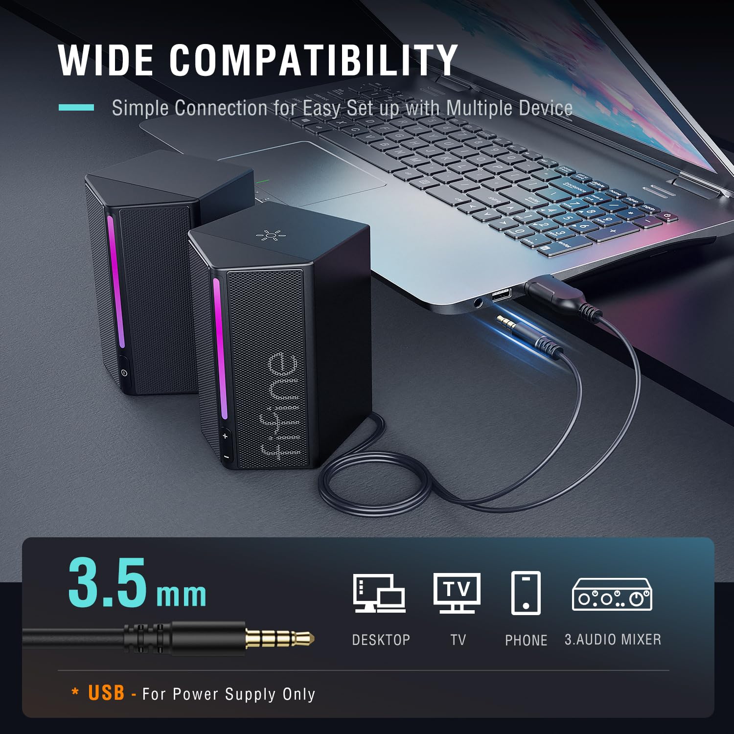 FIFINE - Altavoces de computadora de computadora con control de volumen, altavoces RGB para juegos con cable de audio auxiliar de 3,5 mm para laptop, monitor, teléfono, tablet, AmpliGame A20