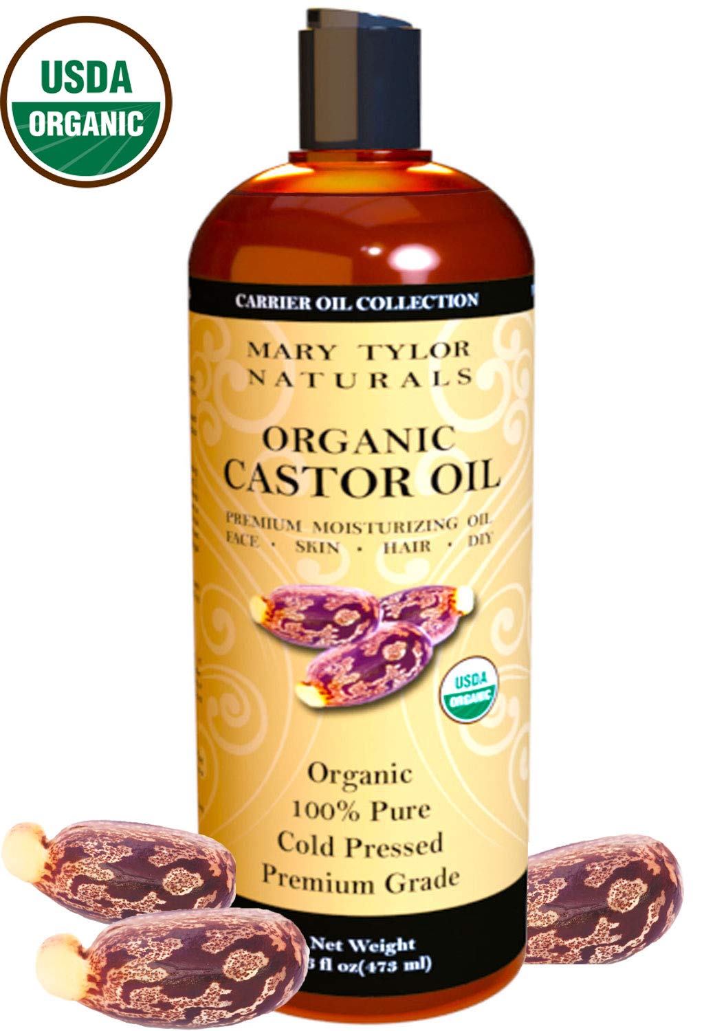 Mary Tylor Naturals Aceite de ricino orgánico de 16 onzas, certificado USDA por Mary Tylor Naturals, prensado en frío, sin hexano, 100% puro, increíble hidratante para piel y cabello, estimula el crecimiento para cabello, pestañas y cejas