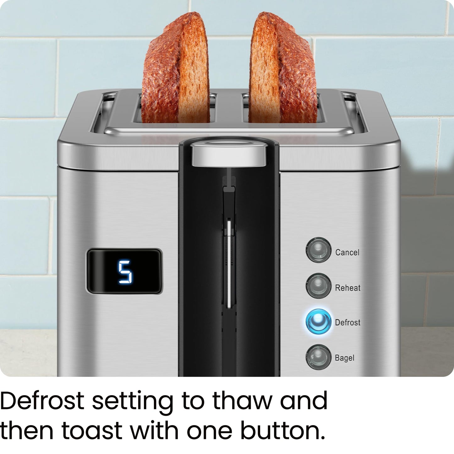 Chefman tostador digital de 2 rebanadas, pop-up, acero inoxidable, ranuras extra anchas para bagels, descongelar, recalentar, funciones de cancelación, bandeja extraíble para migas