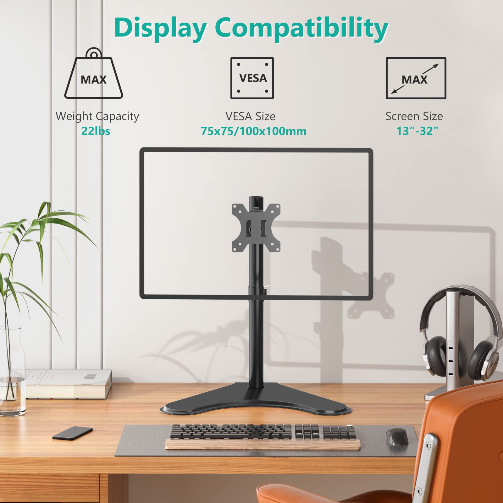 Soporte para Monitor Individual WALI Negro con Base Ajustable de 13 a 32 Pulgadas para Escritorio