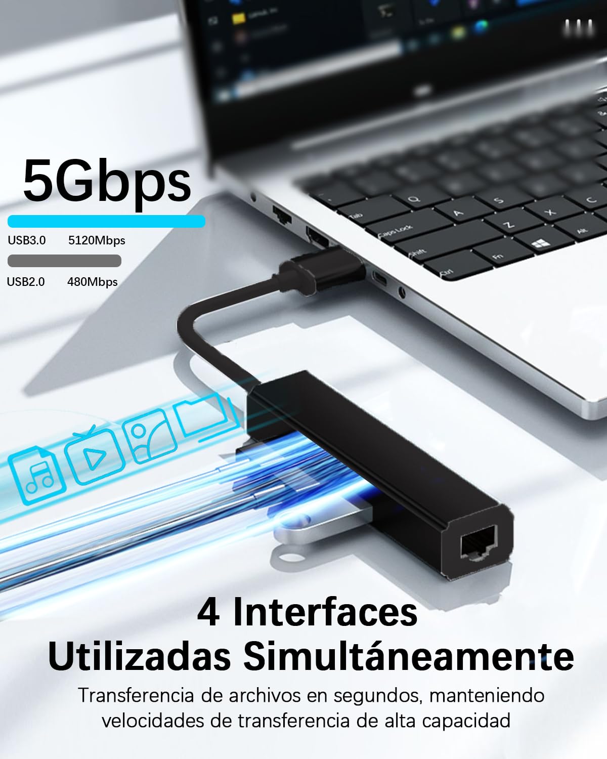 Adaptador Ethernet USB A 3.0 YRTRGJ Blanco con Hub y Docking Station Compatible con PC, MacBook, Surface y Windows