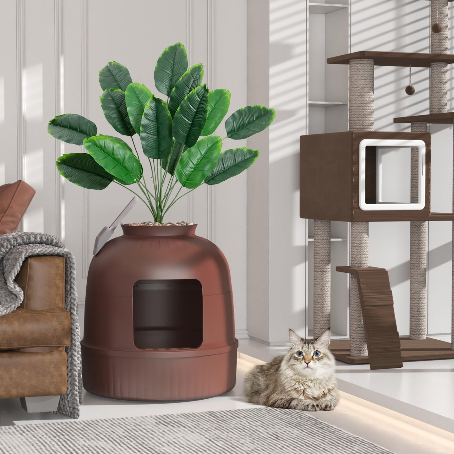 Lifewit Caja de Arena con Planta sintética y Pala para Gatos Grandes, Bandeja de Arena Oculta en Esquina con Control de olores y Filtro de Carbono en salón/Dormitorio/baño, Marrón