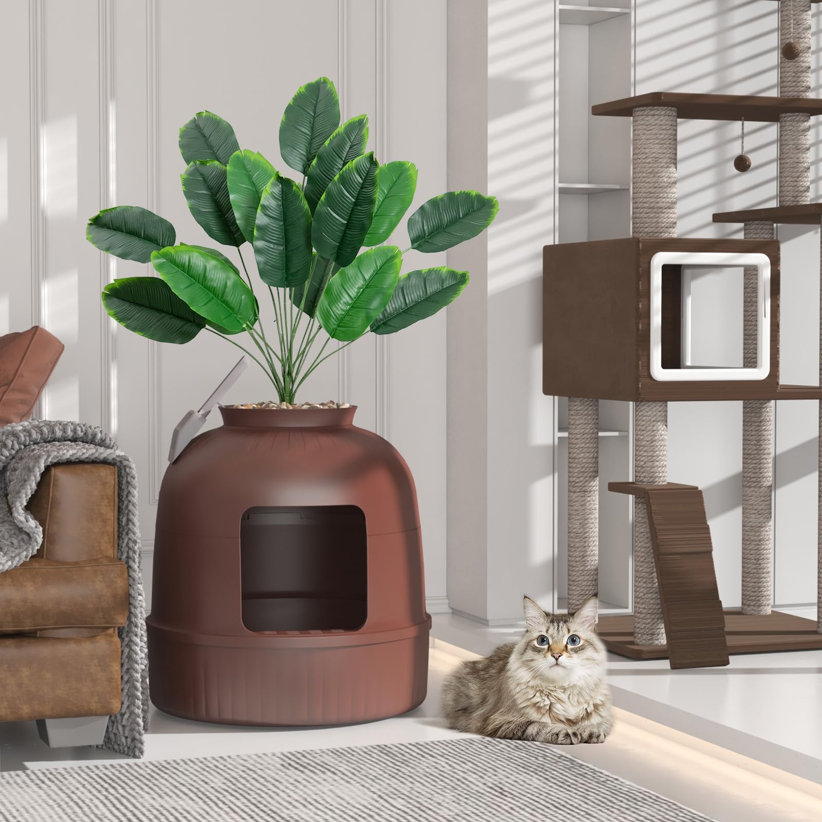 Lifewit Caja de Arena con Planta sintética y Pala para Gatos Grandes, Bandeja de Arena Oculta en Esquina con Control de olores y Filtro de Carbono en salón/Dormitorio/baño, Marrón