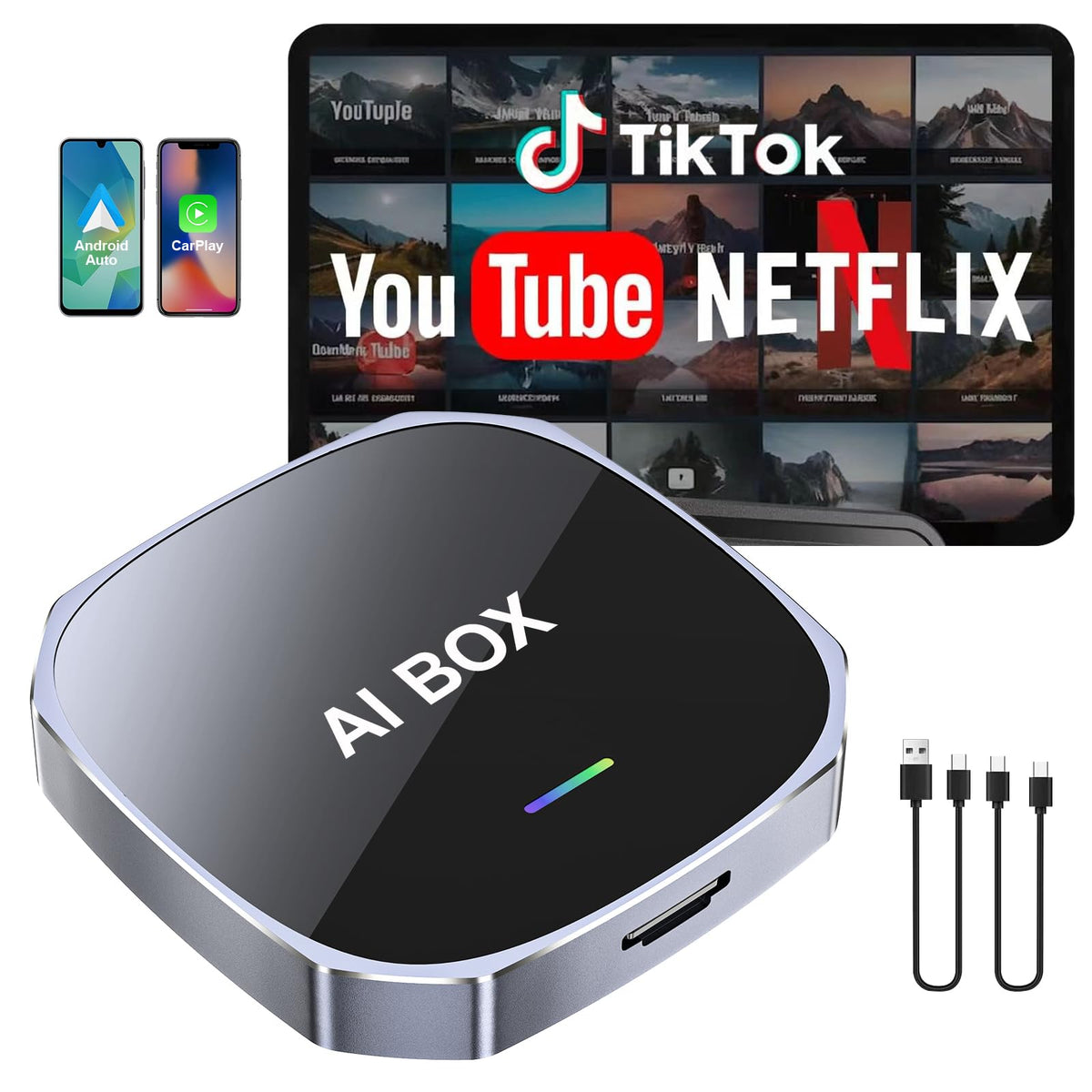 Adaptador Inalámbrico 2 en 1 Magic AI Box Streaming para Apple CarPlay y Android Auto 2026 Compatible Netflix YouTube coche