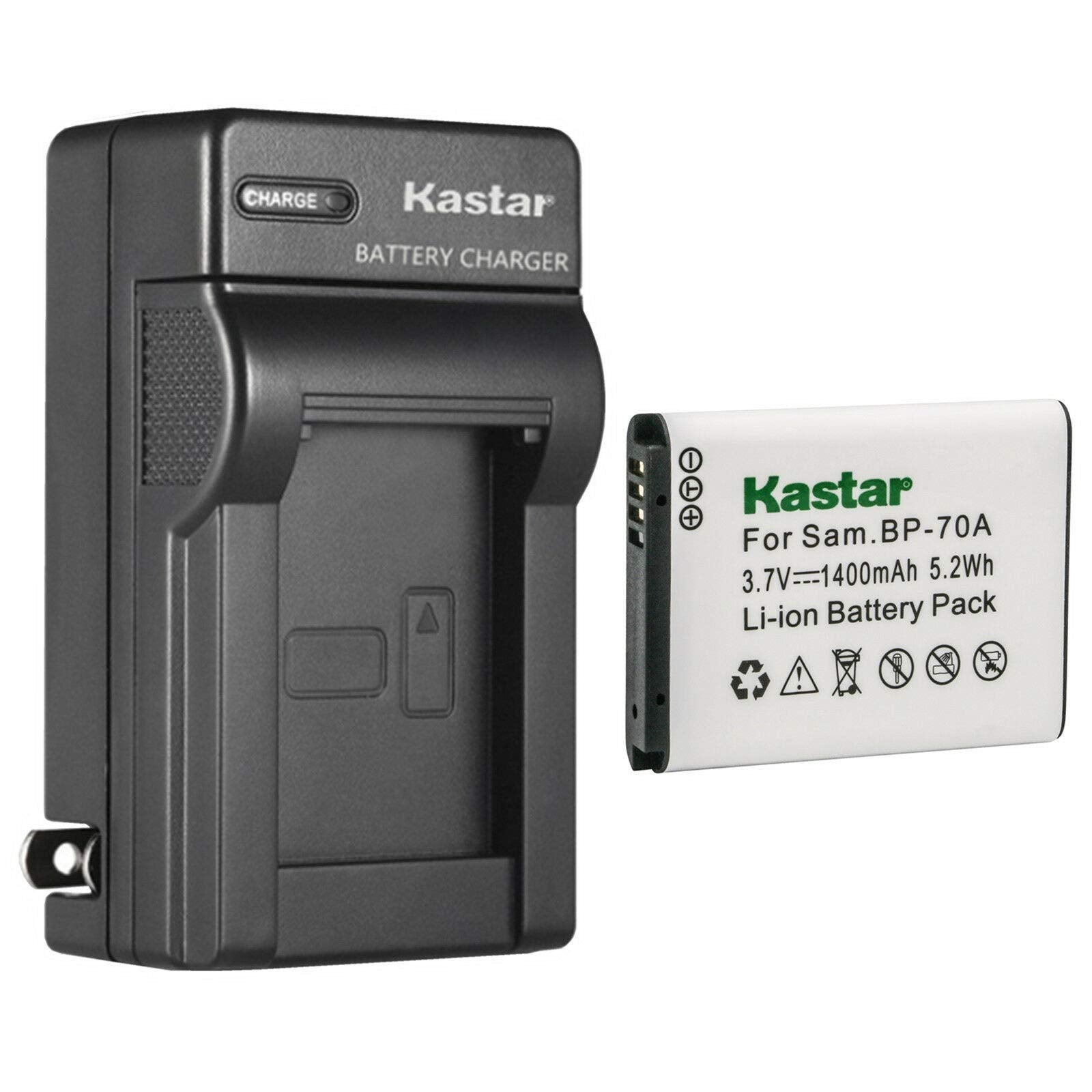 Kastar - Paquete de 1 batería BP-70A y cargador de pared de CA de repuesto para batería Samsung BP-70A BP70A, Samsung ST95, ST96, ST6500, TL105, TL110, TL125, TL205, WB30F, WB31F, WB32F, WB35F
